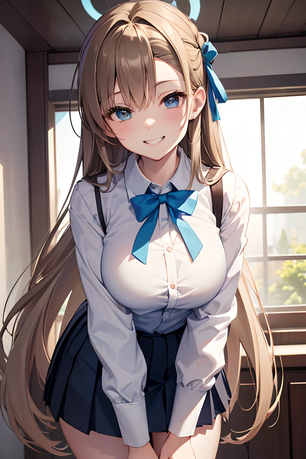 (*****, top-quality, 8K, masterpiece, Top image quality, Hi-Res, super detailing, Ultra HD, (Delicate and smooth skin, real looking skin, Perfect and beautiful face ,Perfect and cute face, high detail skin, Perfect limbs)), girl black skirt , blue eyes , blue halo , buttons , collared shirt , cowboy shot , eyes visible through hair , grin , hair over one eye , indoors , large breasts , leaning forward , light brown hair , long hair , looking at viewer , pleated skirt, sleeves rolled up , smile , solo , spoken heart , white dress shirt , bra visible through shirt, asuna (blue archive)