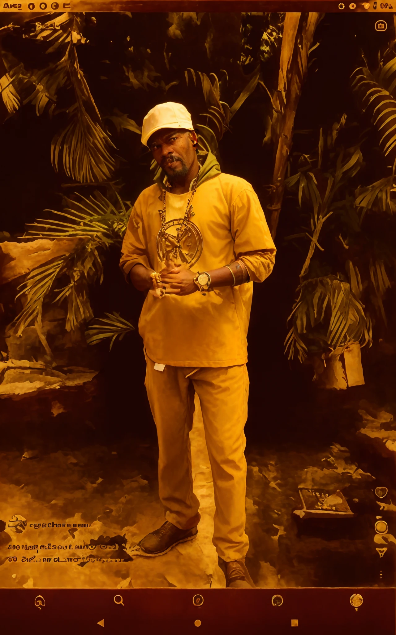 There's a man standing in front of a wall with a hat on, gelo - t, taken in the early 2020s, Masterpice de arte, wears the ankh symbol, ele tem cerca de 60 anos, ele tem cerca de 6 0 anos de idade, inspirado em Mustafa Rakim, Masterpice, wears an egyptian ankh necklace
