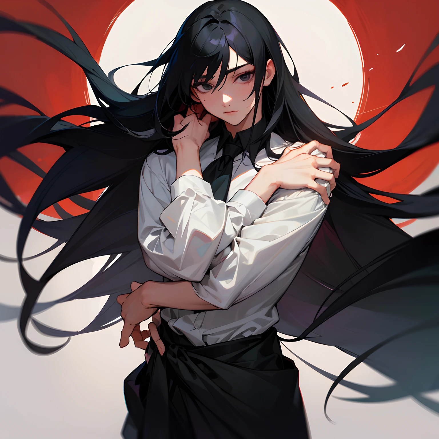 Woman with long black hair, posing, in white top with long sleeves, Gamoe Yandere grimdark, overlord albedo, Tifa Lockhart, travel by udonein inaba, tifa, Mayuri Shiina of Steins Gate, Hinata Hyuuga, Gamoe Yandere,