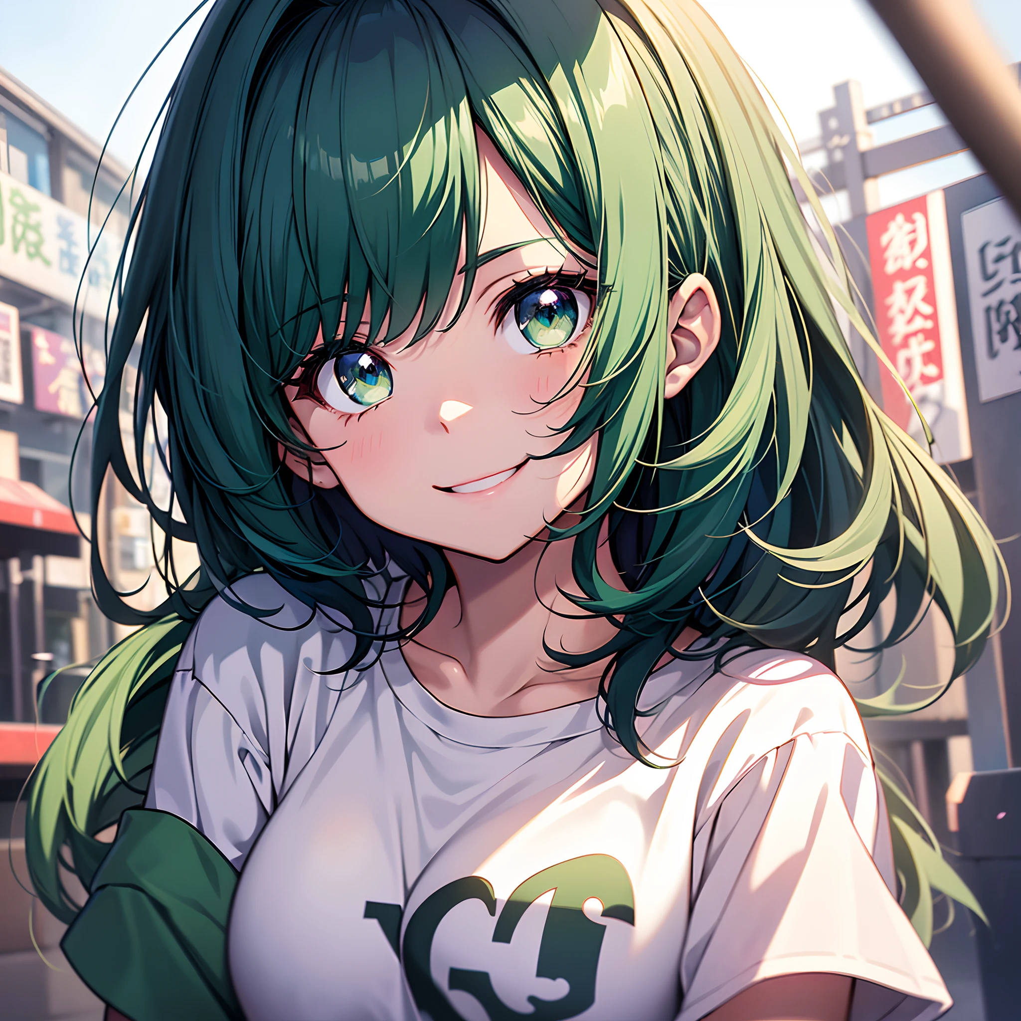 (pink style) (in a cute Tank top, Hot pants), (solo:2, 15 yo, ponytail green hair long hair lovely girl, cute yellow eyes, love smile, medium tits), in the pop city, BREAK, perfect anatomy, masterpiece, best quality, 16k, beautiful detailed grow, daydreaming expression.