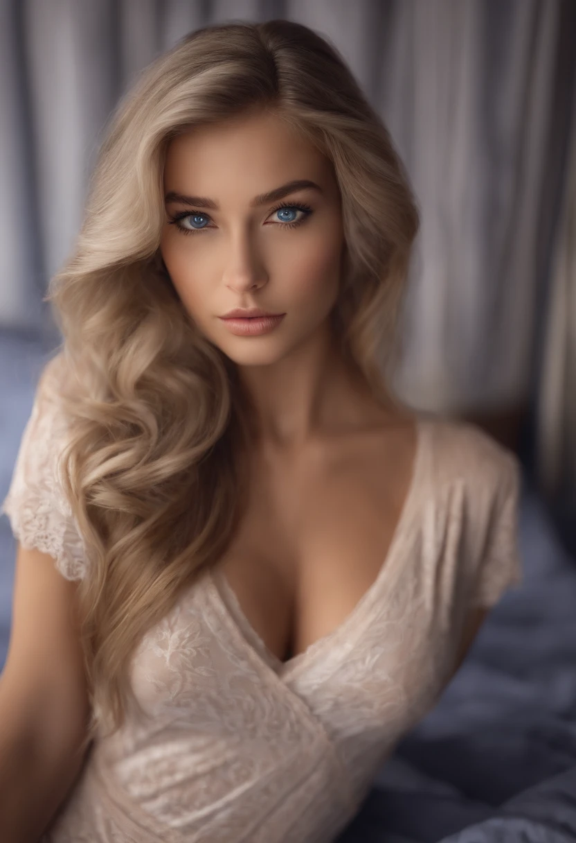 arafed woman fully , sexy girl with blue eyes, ultra realistic, meticulously detailed, portrait sophie mudd, blonde hair and large eyes, selfie of a young woman, bedroom eyes, violet myers, without makeup, natural makeup, looking directly at the camera, face with artgram, subtle makeup, stunning full body shot kneeling on bed, in bedroom, medium to large size bust