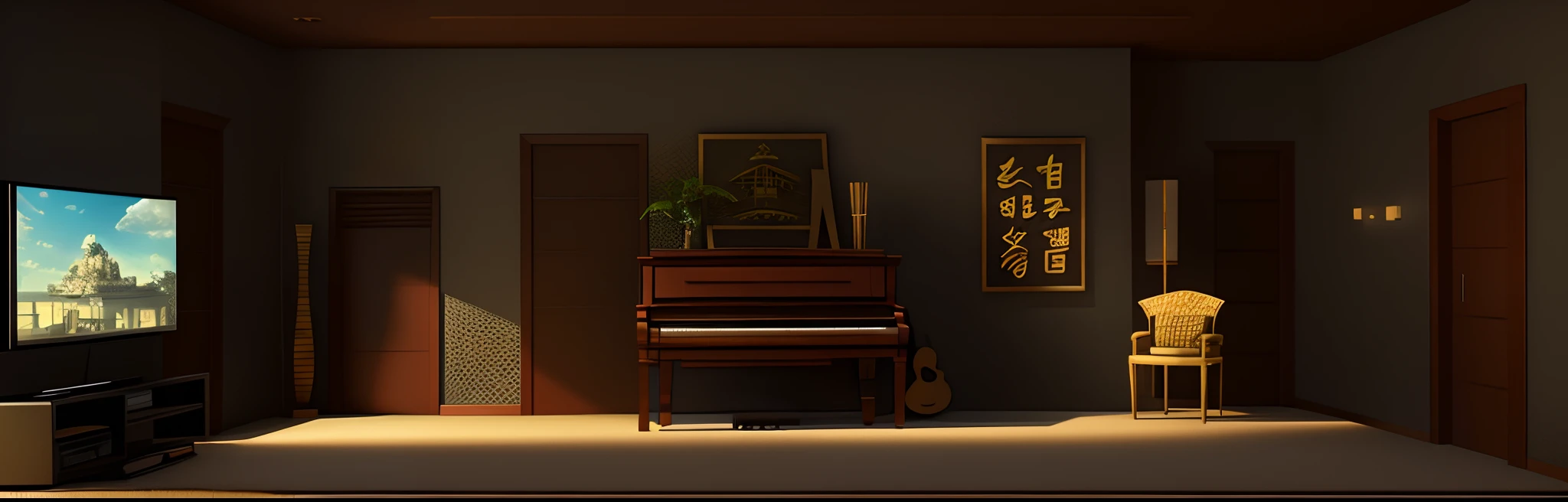 there is a room with a piano and a television in it, 3 d vray render, vray render, render vray, vray rendered, high poly vray render, super realistic render vray, an altar of a temple, unreal 5 engine highlly render, chinese style, 8k vray render, vray rendering, 3ds max render