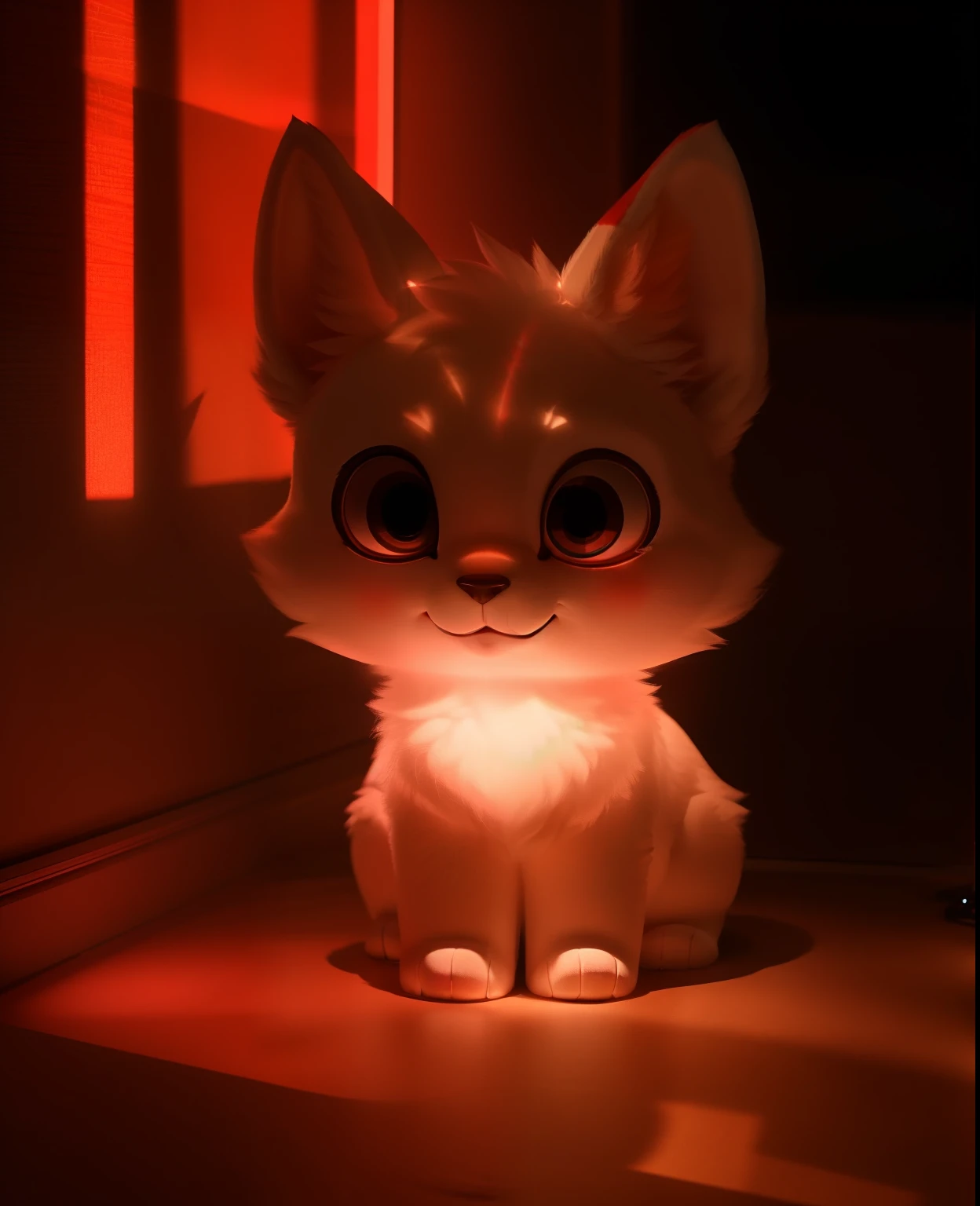 furry, white fur, ultra cute face, red elements on fur, glowing t-shrt, beautiful lights and shadows, ambient light, ultra detailed fur, volumetric light