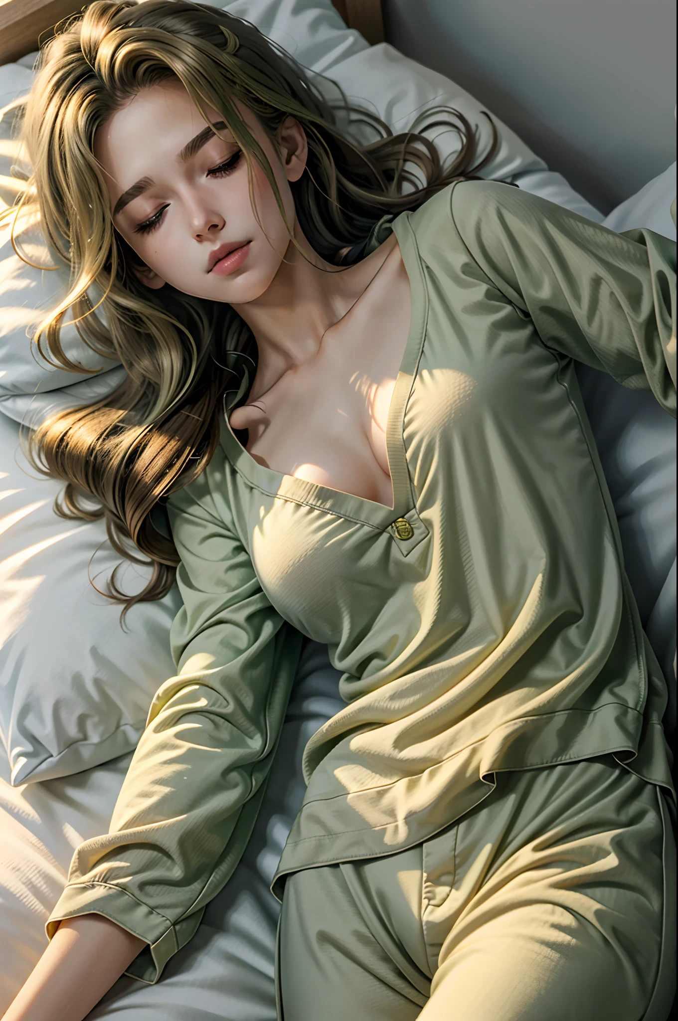 an 18-year-old girl lying, asleep in her bed, eyes closed, dressed in green pajamas, neckline on the shirt you can see her neck and chest, in a large modern room, seen from one side of the bed