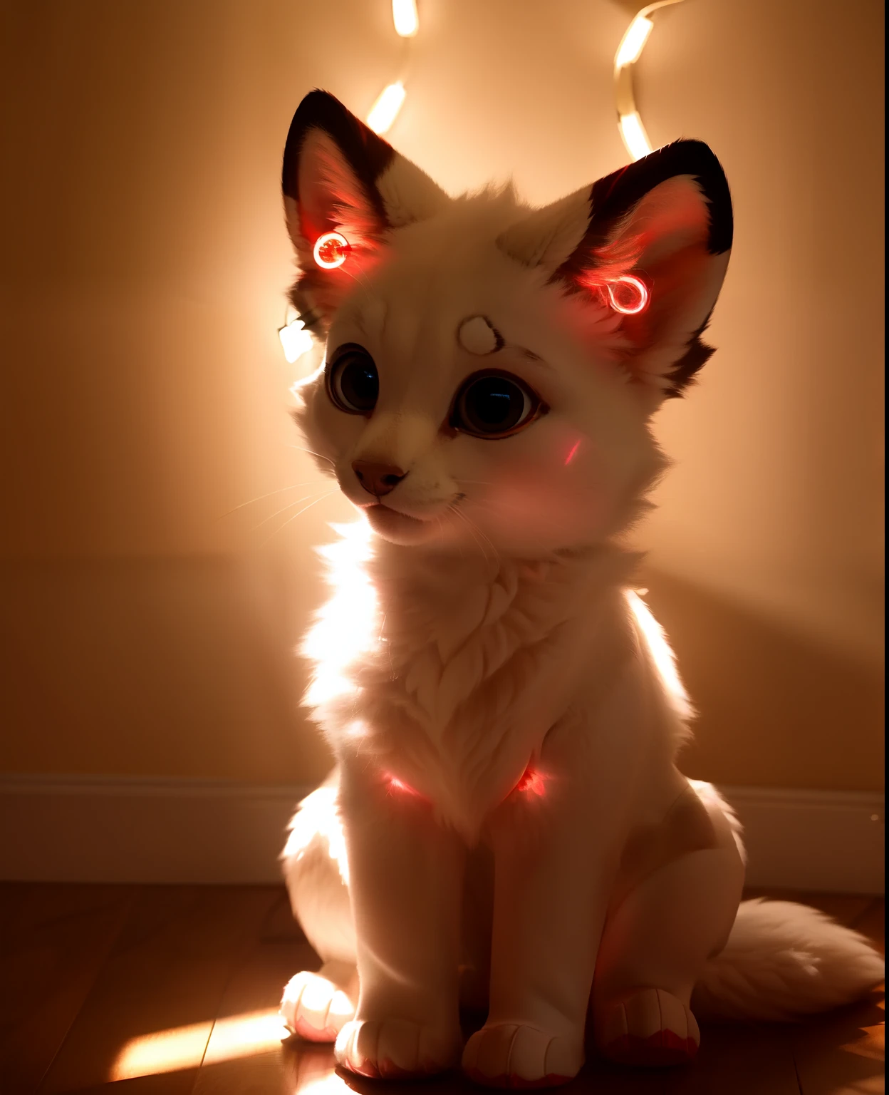 furry, white fur, ultra cute face, red elements on fur, glowing t-shrt, beautiful lights and shadows, ambient light, ultra detailed fur, volumetric light