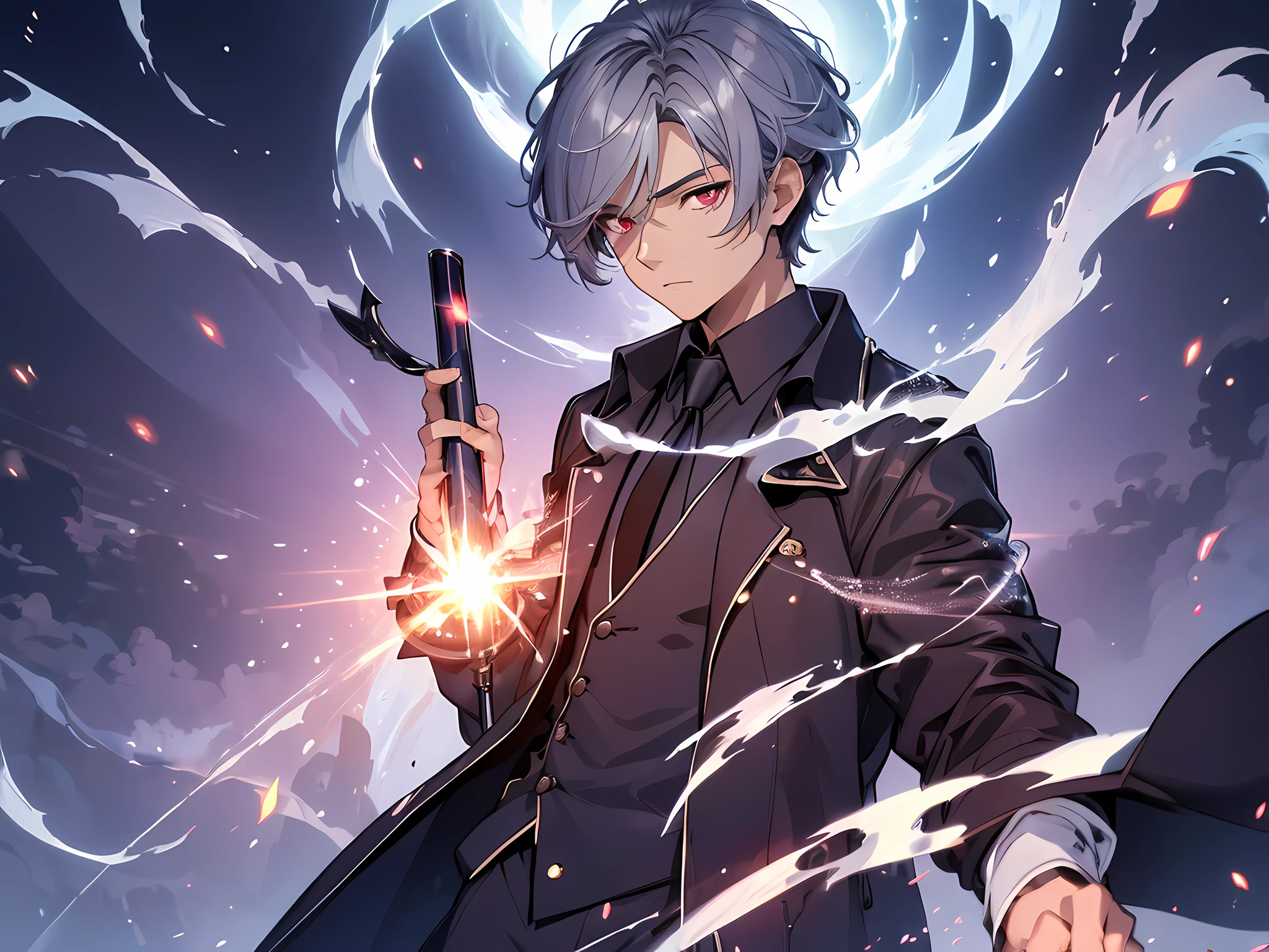 (ultra-detailed, perfect pixel, highres, best quality, beautiful eyes finely detailed), 19 years old anime boy, short raven hair, wavy hair, parted bangs, gray hair, gradient hair color, there is many blue lightning swirling around his body, showing his over power aura, dangerous, he holding a magical sword, magus, red eyes, long black coat, black shirt, ((neckwear, long tie)), black skirt, aristocrat, noble attire, beautiful, ethereal, elegant, prestigious, realistic fire, the background is full of magical particles and realistic blue fire. Ray tracing.