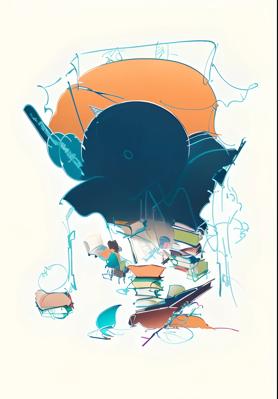Study alone in a dormitory,,Amazing school supplies,play,School supplies,Books pile up,with dynamism, editorial illustration colorful, Colorful illustration,Maximalism,white backgrounid,Flat UI illustrations,The composition is perfect,vectorial,Behance style