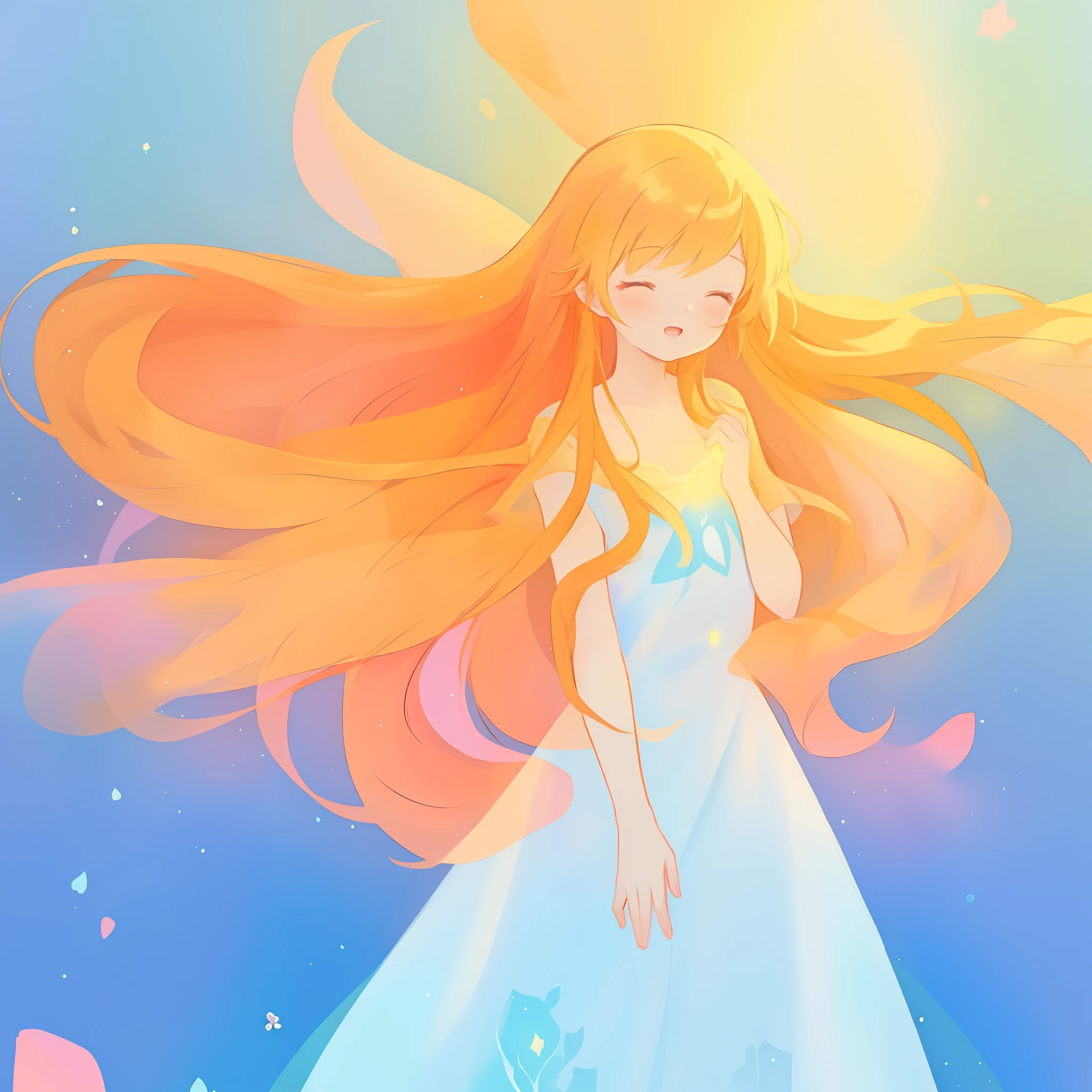 beautiful girl in flowing multi-layered dress, fairy dress, long golden hair, watercolor illustration, inspired by Glen Keane, inspired by Lois van Baarle, disney art style, by Lois van Baarle, glowing aura around her, by Glen Keane, jen bartel, glowing lights! digital painting, flowing glowing hair, glowing flowing hair, beautiful digital illustration, fantasia otherworldly landscape plants flowers, beautiful, masterpiece, best quality, anime disney style