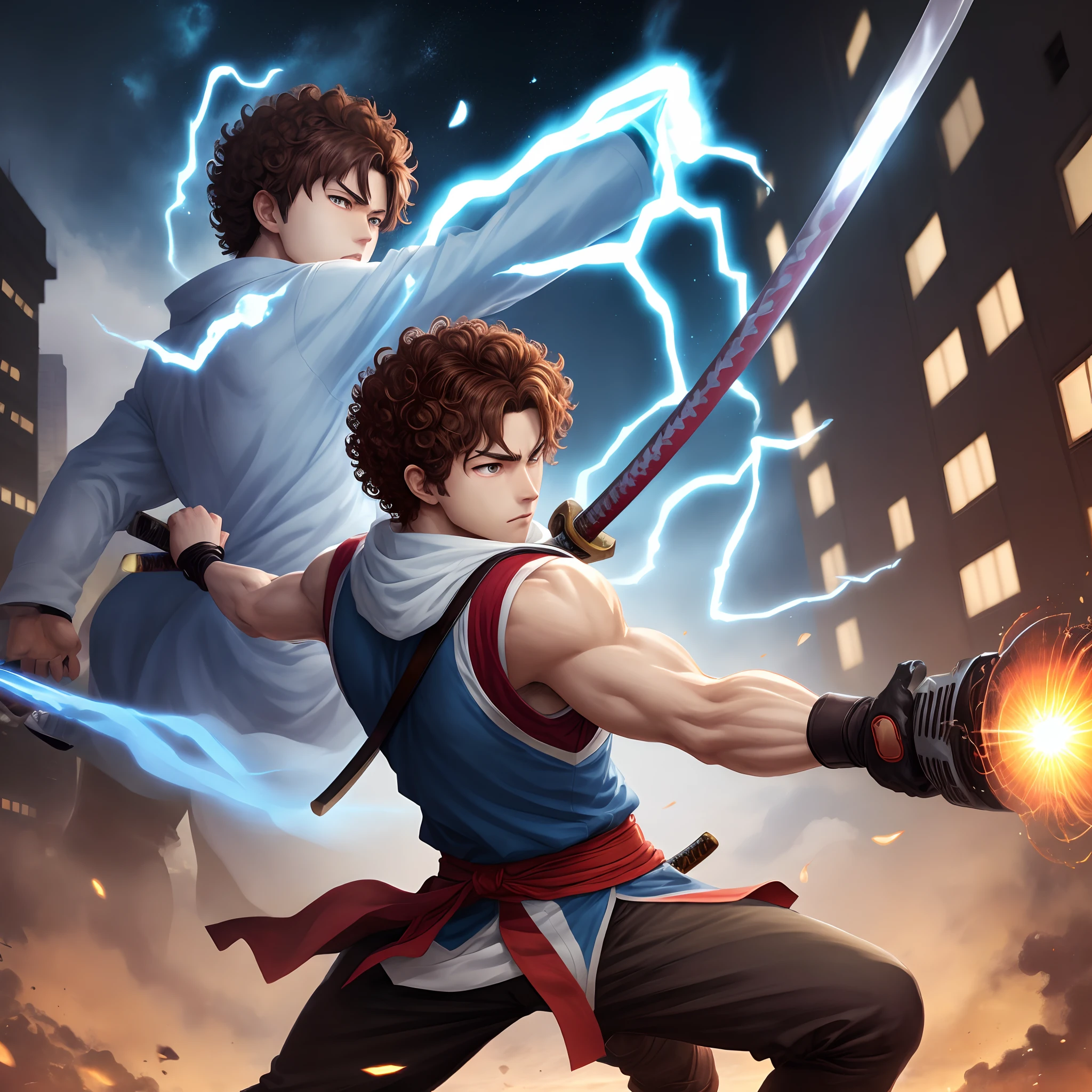 Male anime protagonist, curly brown hair, wielding light blue energy katana, ruined city