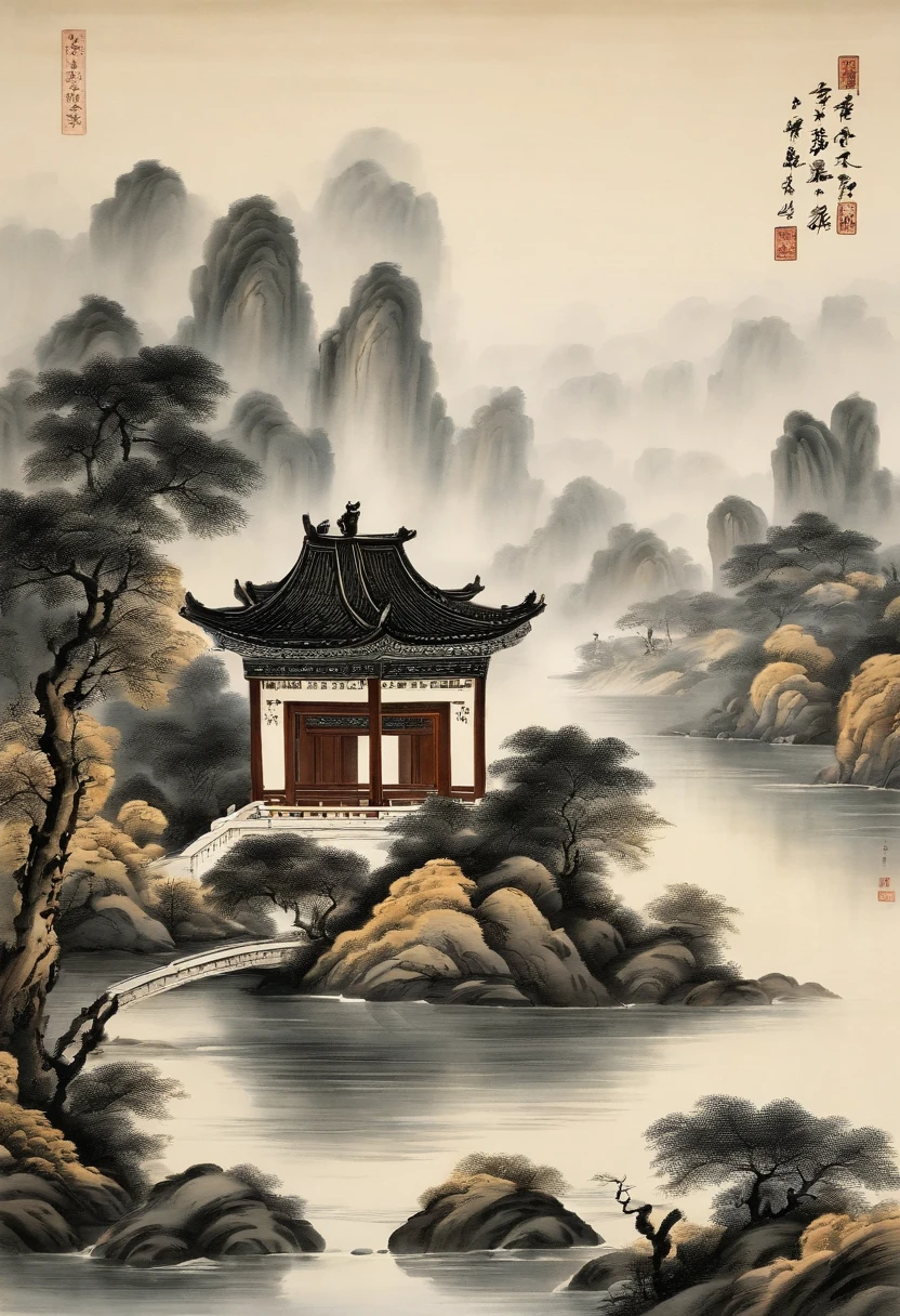 Chinese,Chinese landscape,Traditional Chinese painting,Ancient rhyme Jiangnan,Yamakawa,Cypress,Pavilions,Leave white space,elegant