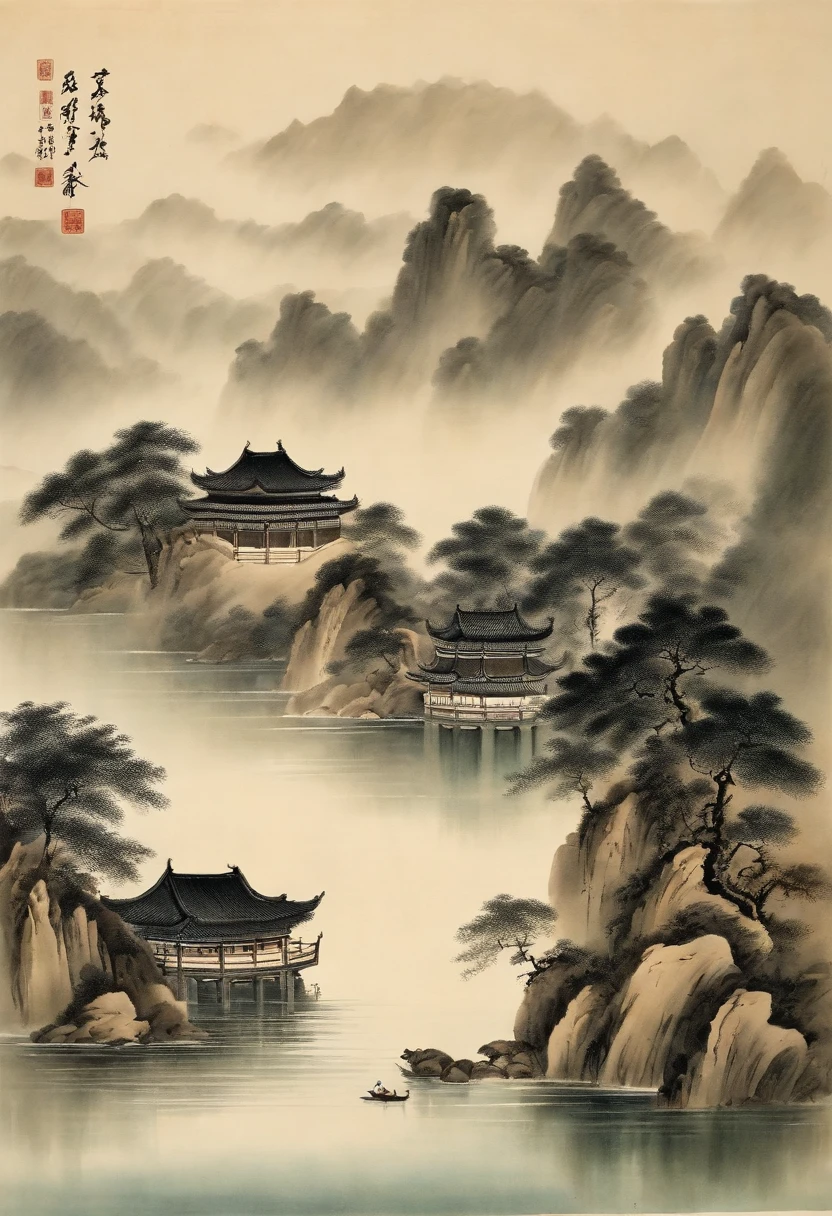 Chinese，Chinese landscape，Traditional Chinese painting，Ancient rhyme Jiangnan，Yamakawa，Cypress，Pavilions，Leave white space，elegant