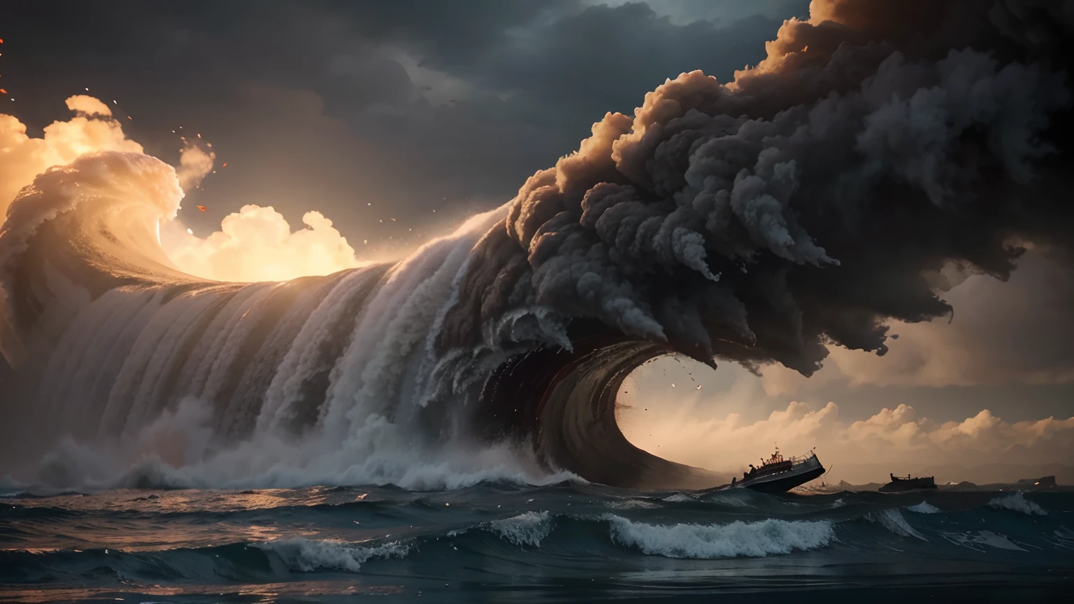 Tsunami of blood washes through a city as people run away, screaming, detailed, 8k, high quality, end of the world, people caught in tsunami,