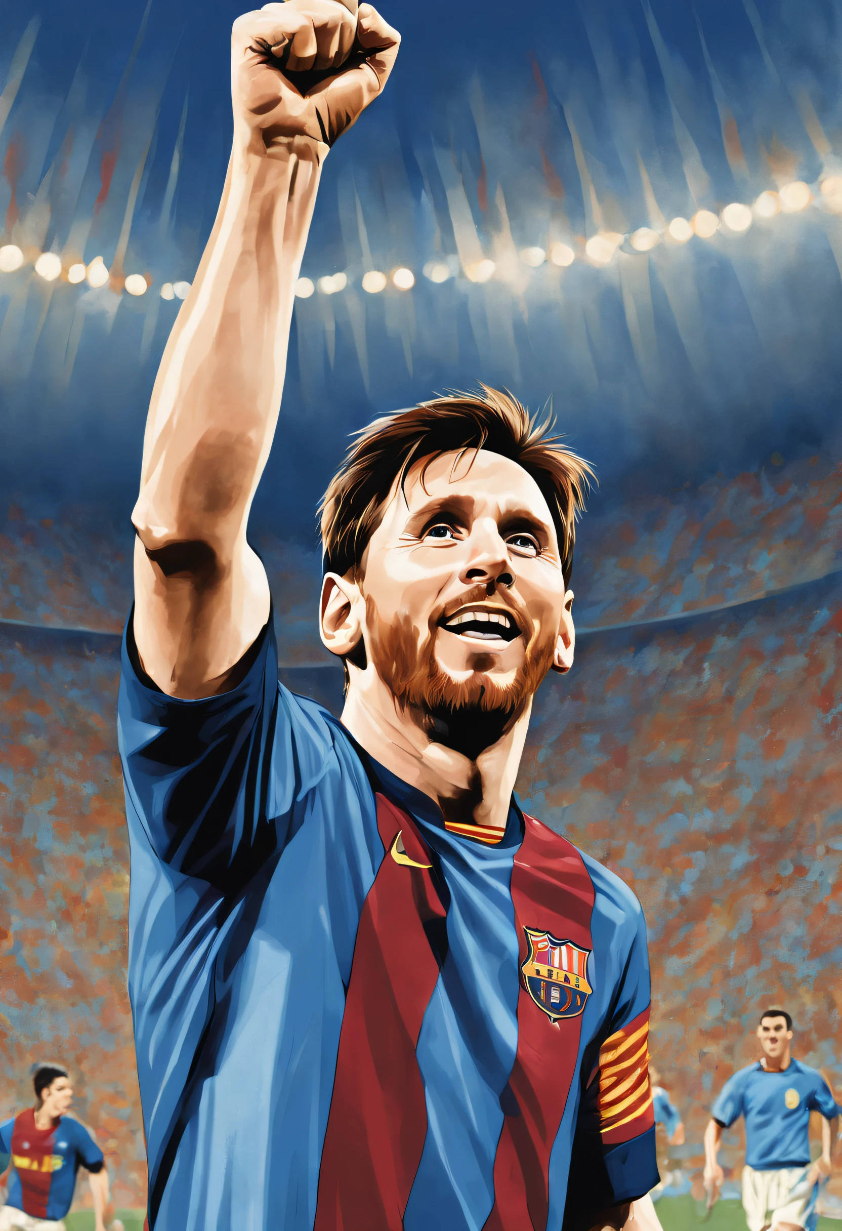 （A vivid image of a footballer celebrating a goal）, Raise your right hand into a fist above your head, （The left hand hangs naturally）, （Lionel Messi）, Lionel Messi wears a blue jersey, There are numbers 10 on the jersey, Portrait of Lionel Messi, （American retro poster style）, （（Modern times））, （Positive perspective）The fifties and sixties of the twentieth century, god rays, negative space, 16k, 8k