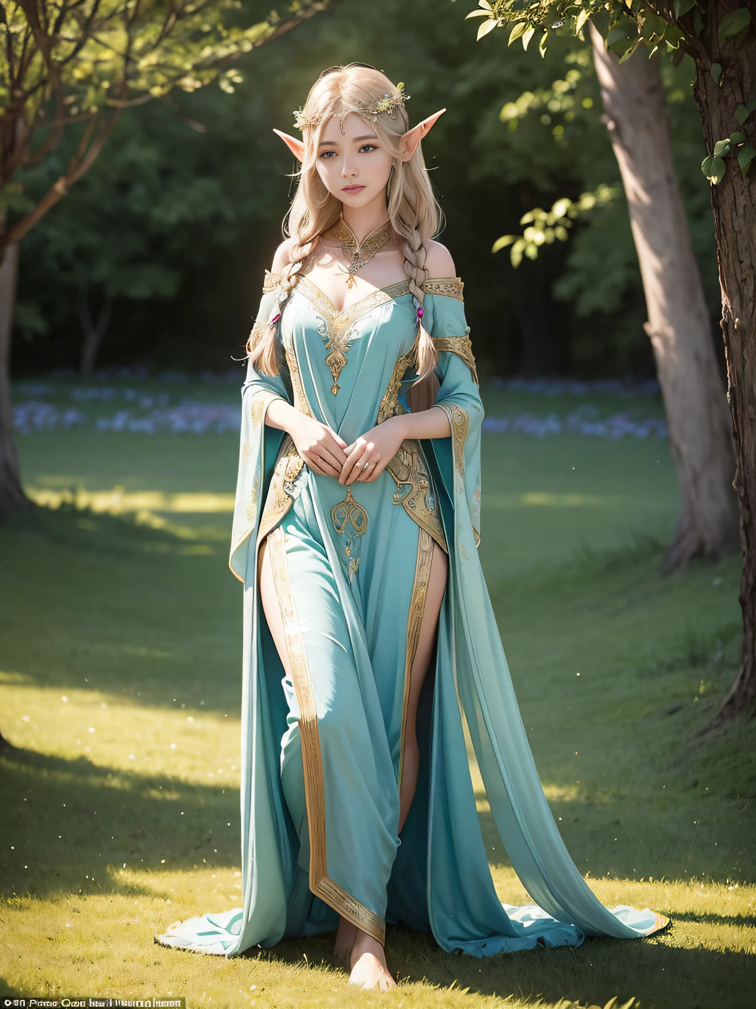 Graceful elven girl standing in the meadow, Rosto delicado iluminado pela luz suave do sol poente. Seu longo, Flying hair runs down your back, Decorated with intricate braids、Adornado com pedras preciosas cintilantes. This great photo is、、、It captures the ethereal beauty of elves. Figura esbelta no vestido de seda、Swaying in the gentle steppe breeze. attention to detail、Dude that's、Dude that's、Dude that's、Dude that's、This is evident in the dress&#39;s intricate patterns and subtle luminescence highlights.. pele. The elven girl&#39;s breathtaking portrait is、、、、、Crie uma atmosfera encantadora、Invites the viewer into a magical world.
