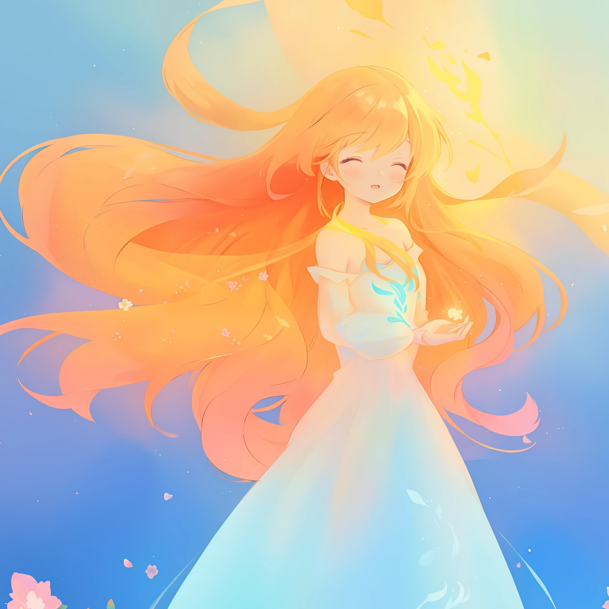 beautiful girl in flowing multi-layered dress, fairy dress, long golden hair, watercolor illustration, inspired by Glen Keane, inspired by Lois van Baarle, disney art style, by Lois van Baarle, glowing aura around her, by Glen Keane, jen bartel, glowing lights! digital painting, flowing glowing hair, glowing flowing hair, beautiful digital illustration, fantasia otherworldly landscape plants flowers, beautiful, masterpiece, best quality, anime disney style