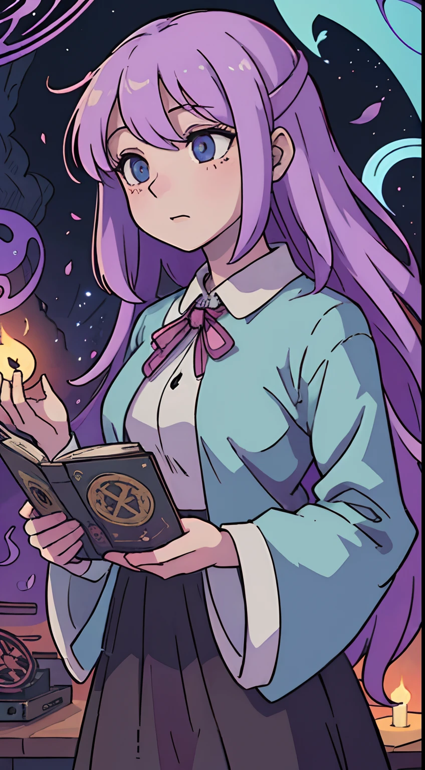 "Vintage Anime Style, Occult, Lofi, best quality, 4k, 8k, highres, masterpiece:1.2, ultra-detailed, realistic, vibrant colors, bokeh, portraits, landscape, horror, anime:1.1, photography:0.9, concept artists, dark, mysterious, moonlit night, hidden rituals, ancient spells, mystical aura, ethereal beings, haunting atmosphere, old VHS filter, retro vibes, worn-out manga pages, eerie incantations, magical powers, enchanting music, moonlit cherry blossom garden, flickering candles, swirling mist, tarot cards, celestial alignment, dragon tattoo, hidden symbols, dusty bookshelf, vintage film grain, nostalgic soundtrack, vinyl records, cassette tapes, soft glow, lo-fi beats, grainy texture, supernatural forces, surreal settings, secret society, antique artifacts, obscured faces, dreamlike scenery."