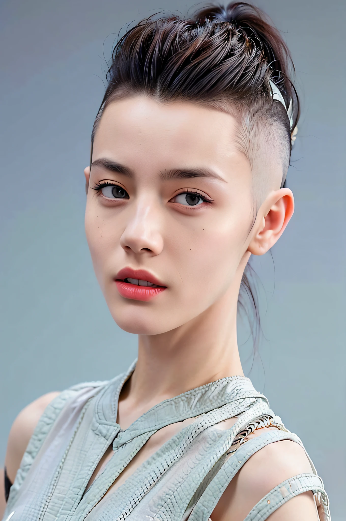 a 20 yo woman, long_white_hair, mohawk mix shaved, (hi-top fade:1.3), dark theme, soothing tones, muted colors, high contrast, (natural skin texture, hyperrealism, soft light, sharp)