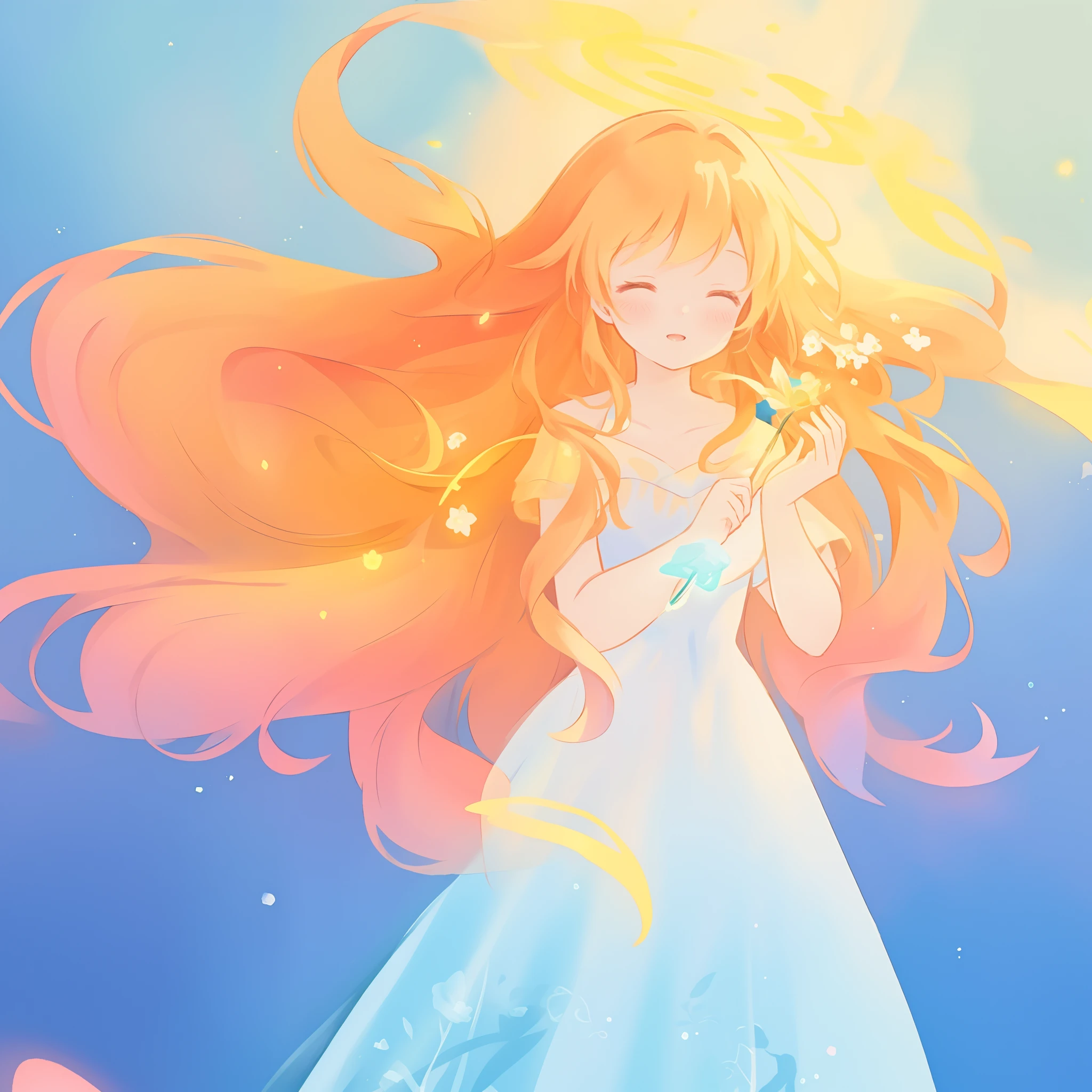 beautiful girl in flowing multi-layered dress, fairy dress, long golden hair, watercolor illustration, inspired by Glen Keane, inspired by Lois van Baarle, disney art style, by Lois van Baarle, glowing aura around her, by Glen Keane, jen bartel, glowing lights! digital painting, flowing glowing hair, glowing flowing hair, beautiful digital illustration, fantasia otherworldly landscape plants flowers, beautiful, masterpiece, best quality, anime disney style