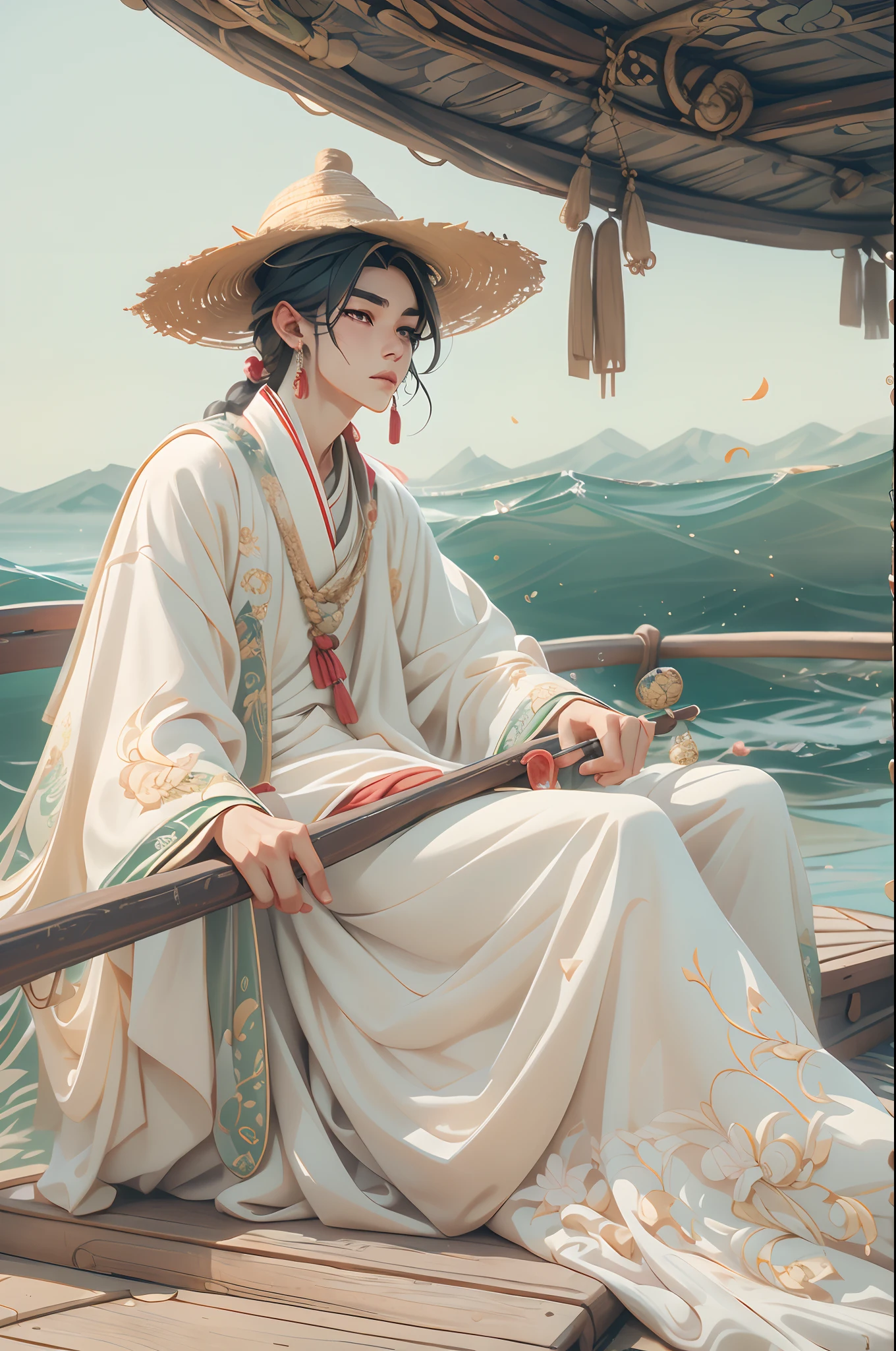 Alphad man in a straw hat sitting on a boat, Cai Xukun, Hanfu, Chinese style, White Hanfu, Inspired by Bian Shoumin, inspired by Liu Jun, with acient chinese clothes, inspired by Huang Gongwang, inspired by Gu An, inspired by Chen Daofu, Inspired by Xiao Yuncong, inspired by Wu Bin