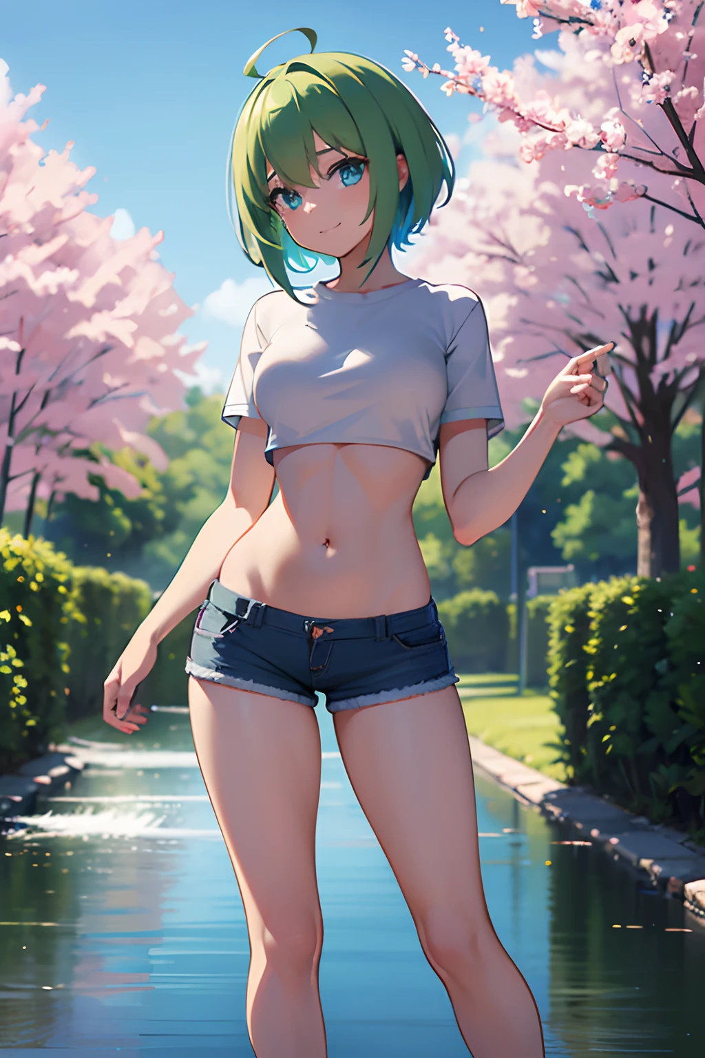 2d, masterpiece, best quality, anime, highly detailed face, highly detailed background, perfect lighting, lola, blue eyes, green_hair, cityscape, full_body, solo, solo focus, t-shirt, shorts, colorful auspicious clouds, sakura, leaf, tree, waterfall, acorn, soil, blurry_foreground, 1girl, day, painting, depth_of_field, blurry, (best quality), ((masterpiece)), cute anime girl, green hair, short hair, pink t-shirt, cutout above navel, blue denim shorts, black boots, forest, c(lean detailed faces), analogous colors, beautiful gradient, clean image, high quality, high detail, high definition, cute face, 4k resolution, full body, ultra sharp focus, extremely detailed eyes, blue eyes, detailed symmetric realistic face, extremely detailed natural texture, perfectly centered medium upper shot, nikon d850 film stock photograph, kodak portra 400 camera f1.6 lens, extremely detailed, amazing, fine detail, rich colors, one body, fully clothed, face, head in frame, body in frame, good proportions, smiling, android heroine, vivid color.digital 2d, anime manga robot! anime girl, fully robotic!! girl, nanogirlv 2, symphogear, fully robotic!!, mikudayo, masterpiece, best quality, reeds, lens flare, shade, bloom, official artwork