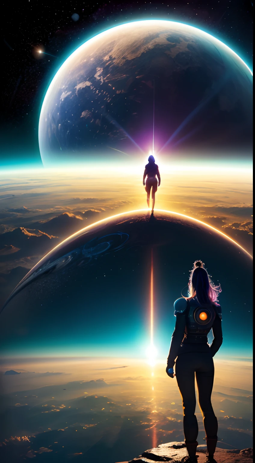 There is a woman standing in front of a picture of a planet, futuristic city in background, psytrance artwork, Interconnected human life forms, Panoramic view of the girl, progressive rock album cover, Endless dreams, stardust, Galaxy, Stoner Rock - AR 16:9 - V5.1