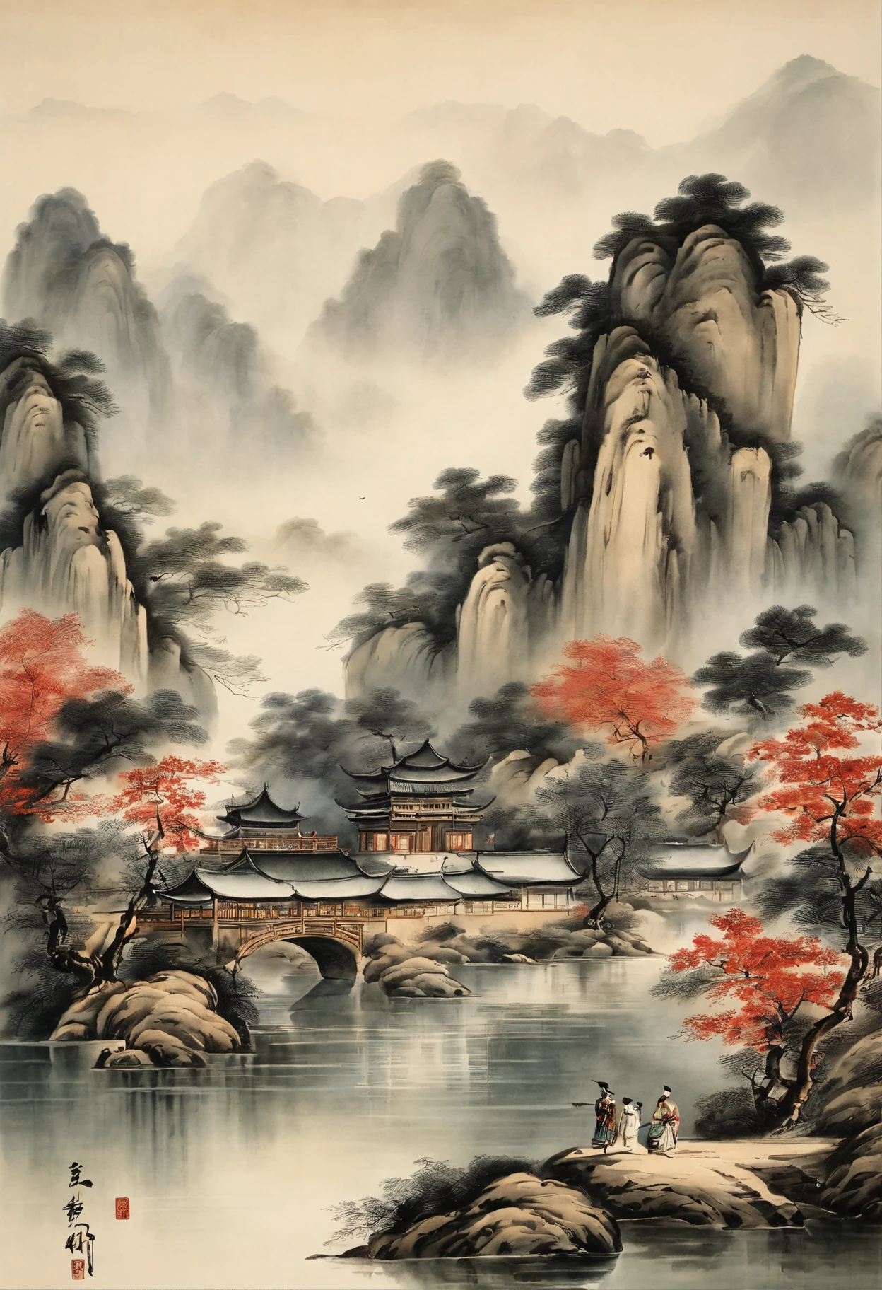 Chinese，Chinese landscape，Traditional Chinese painting，Ancient rhyme Jiangnan，Yamakawa，Cypress，Pavilions，Leave white space，elegant