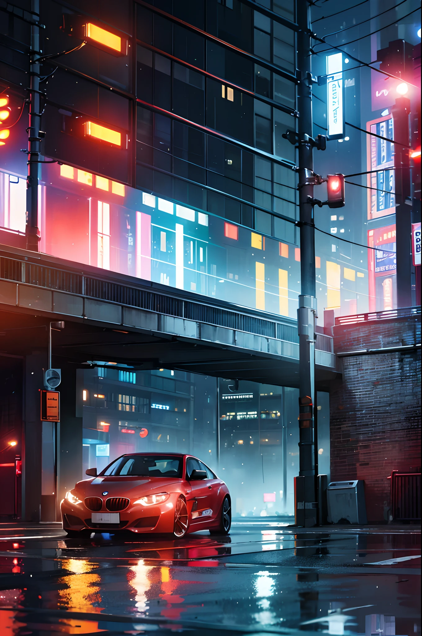 professional photoshooting，k hd，rained，nigth，Red street lights，towns，Buildings，A BMW sports car，Window raindrops，Cyberpunk style