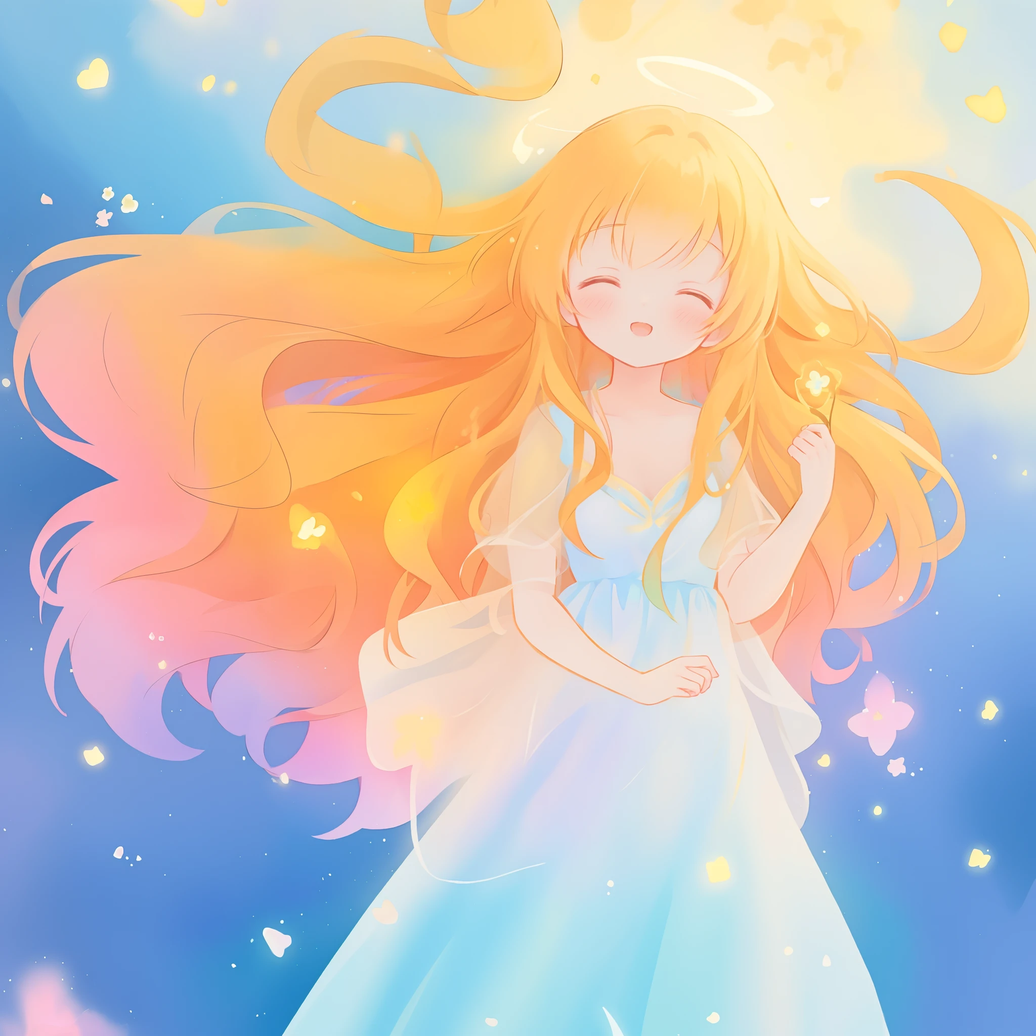 beautiful girl in flowing multi-layered dress, fairy dress, long golden hair, watercolor illustration, inspired by Glen Keane, inspired by Lois van Baarle, disney art style, by Lois van Baarle, glowing aura around her, by Glen Keane, jen bartel, glowing lights! digital painting, flowing glowing hair, glowing flowing hair, beautiful digital illustration, fantasia otherworldly landscape plants flowers, beautiful, masterpiece, best quality, anime disney style