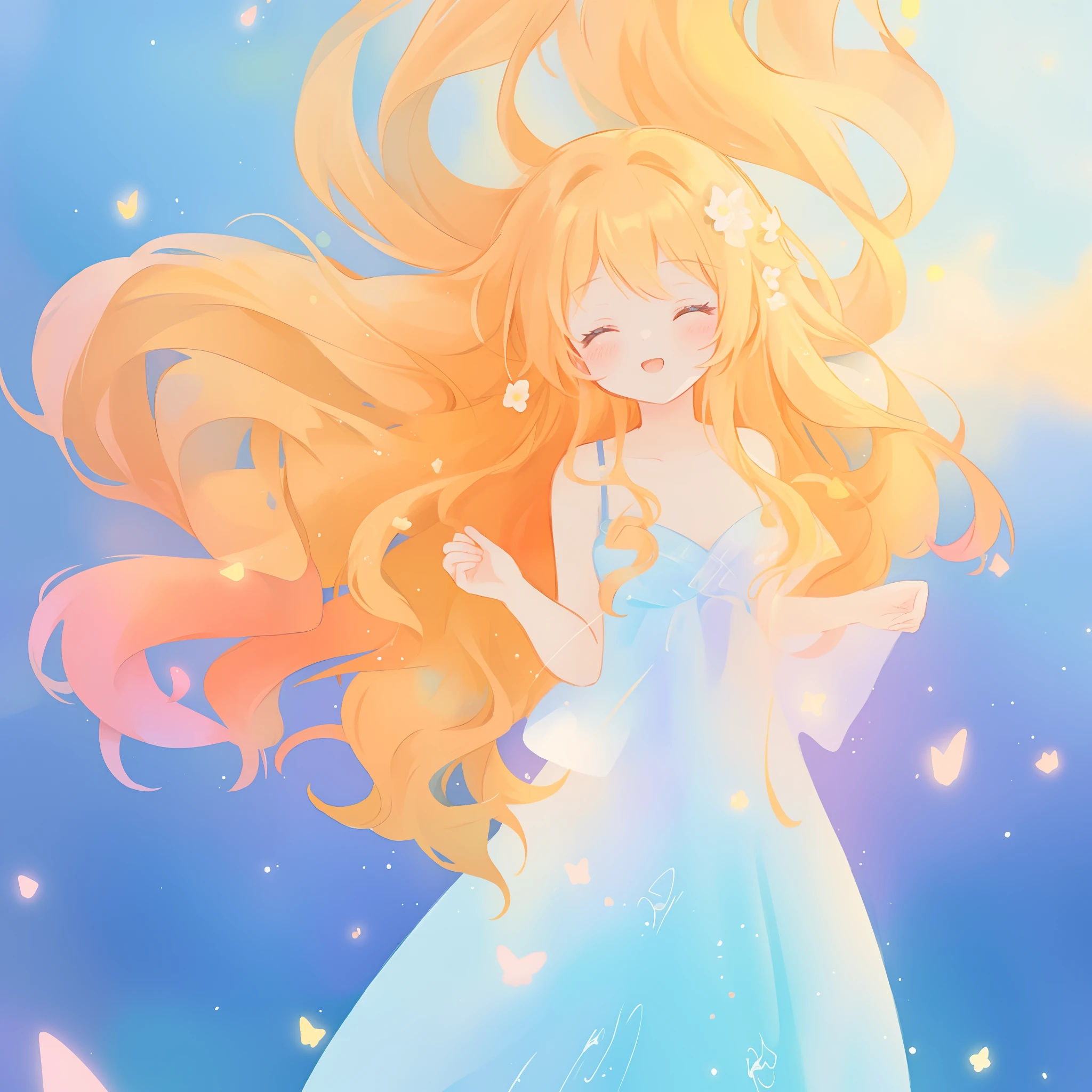 beautiful girl in flowing multi-layered dress, fairy dress, long golden hair, watercolor illustration, inspired by Glen Keane, inspired by Lois van Baarle, disney art style, by Lois van Baarle, glowing aura around her, by Glen Keane, jen bartel, glowing lights! digital painting, flowing glowing hair, glowing flowing hair, beautiful digital illustration, fantasia otherworldly landscape plants flowers, beautiful, masterpiece, best quality, anime disney style