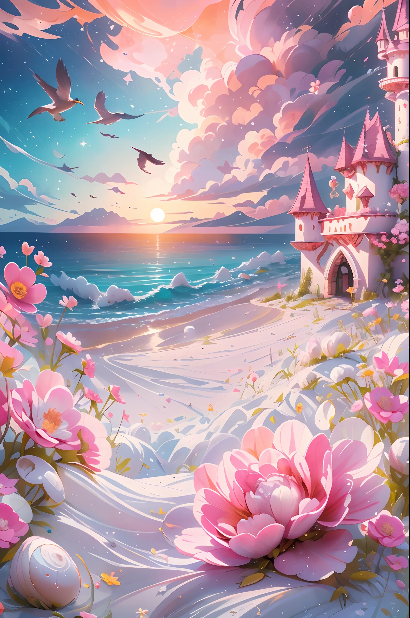 Castle, Flowers, delicate scene, sky, White clouds, and sunlight shine on the snow-white beach. Birds, Pink flowers and bright large shells, diamond crystal, On the beach, fantasy, Night sky, Moon, Smoke, Fire, Photo, HD, 8K, hyper HD, Super detail, High quality, 1080p