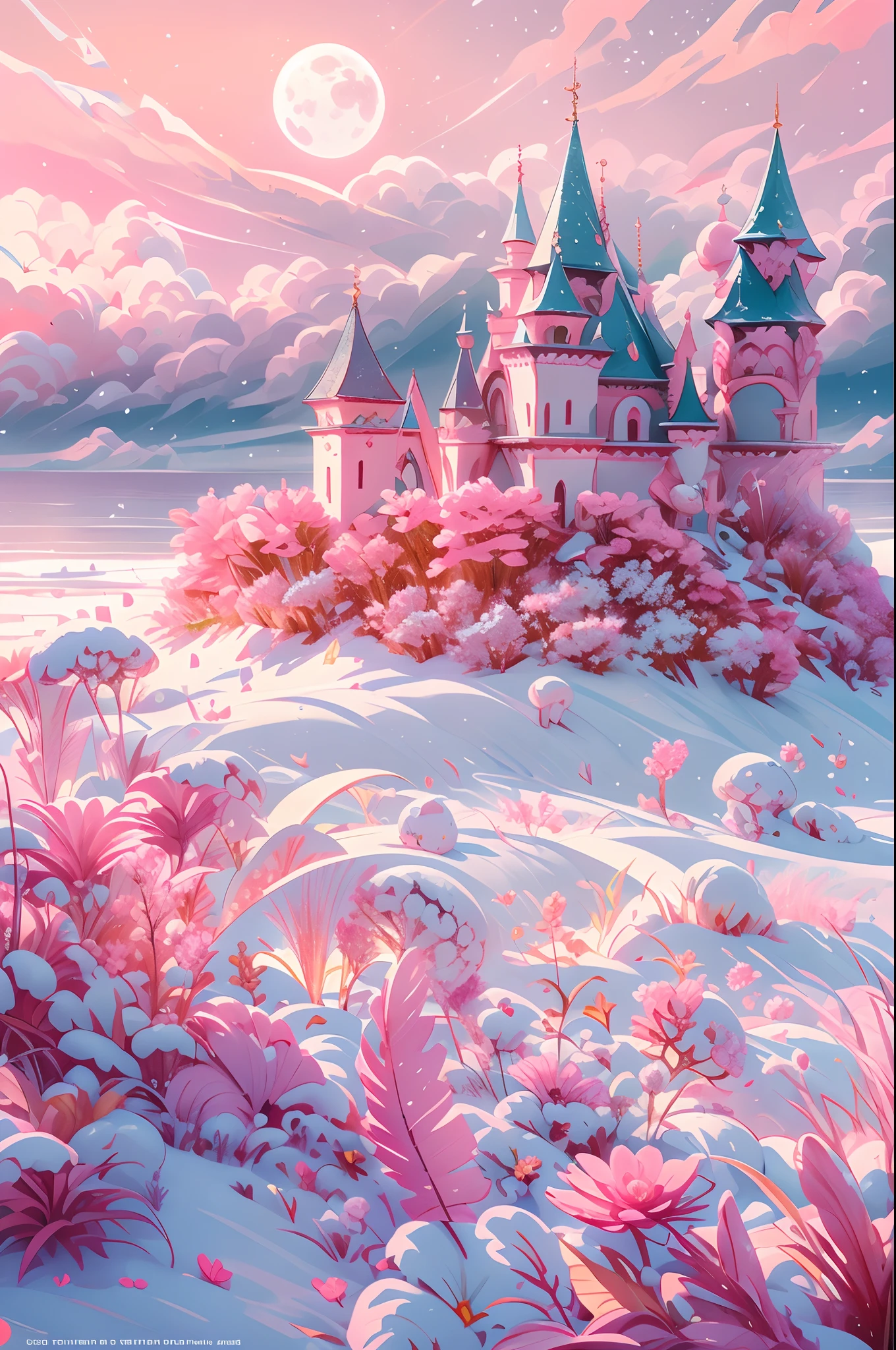 Castle, Flowers, delicate scene, sky, White clouds, and sunlight shine on the snow-white beach. Birds, Pink flowers and bright large shells, diamond crystal, On the beach, fantasy, Night sky, Moon, Smoke, Fire, Photo, HD, 8K, hyper HD, Super detail, High quality, 1080p