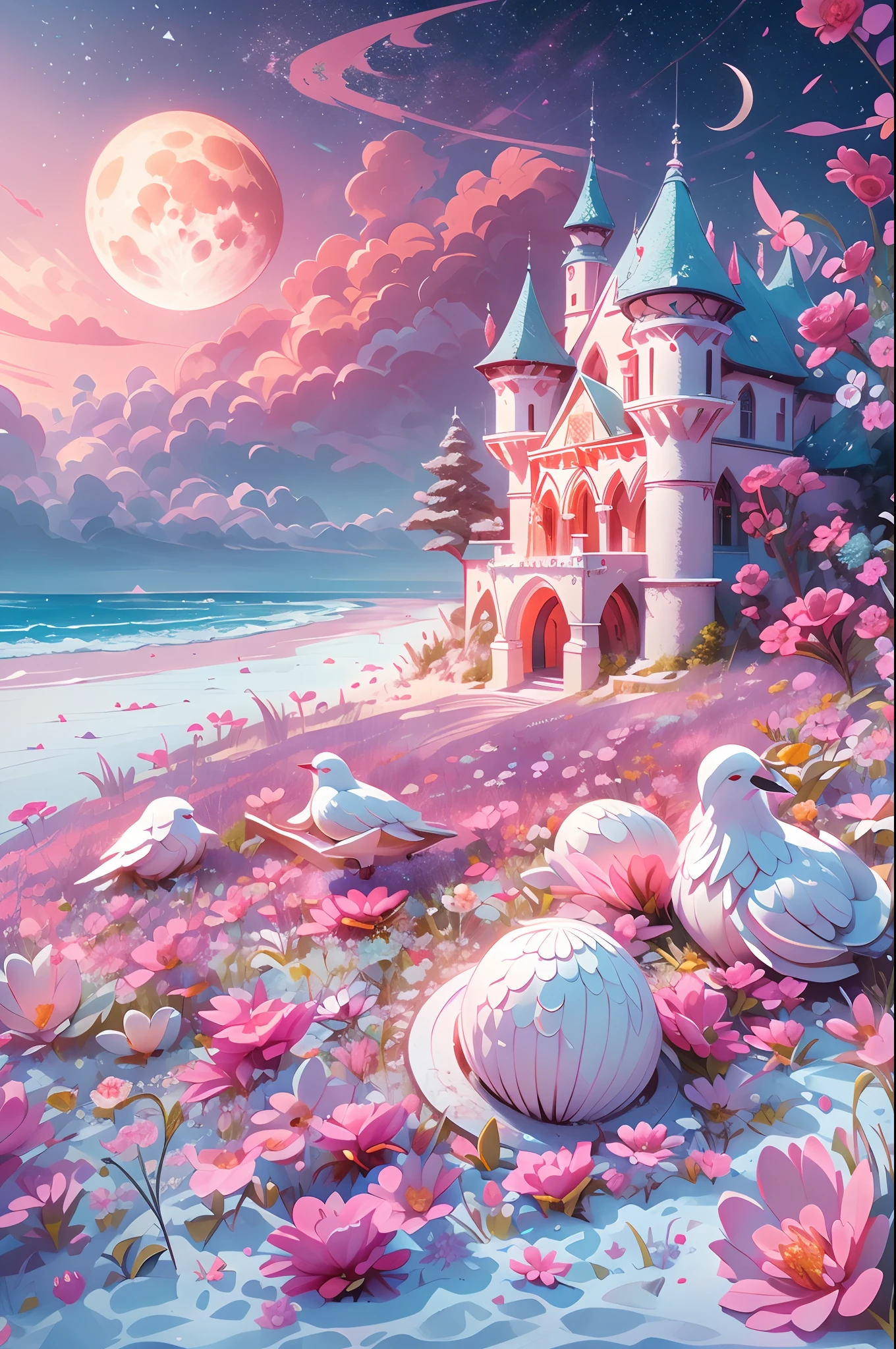Castle, Flowers, delicate scene, sky, White clouds, and sunlight shine on the snow-white beach. Birds, Pink flowers and bright large shells, diamond crystal, On the beach, fantasy, Night sky, Moon, Smoke, Fire, Photo, HD, 8K, hyper HD, Super detail, High quality, 1080p