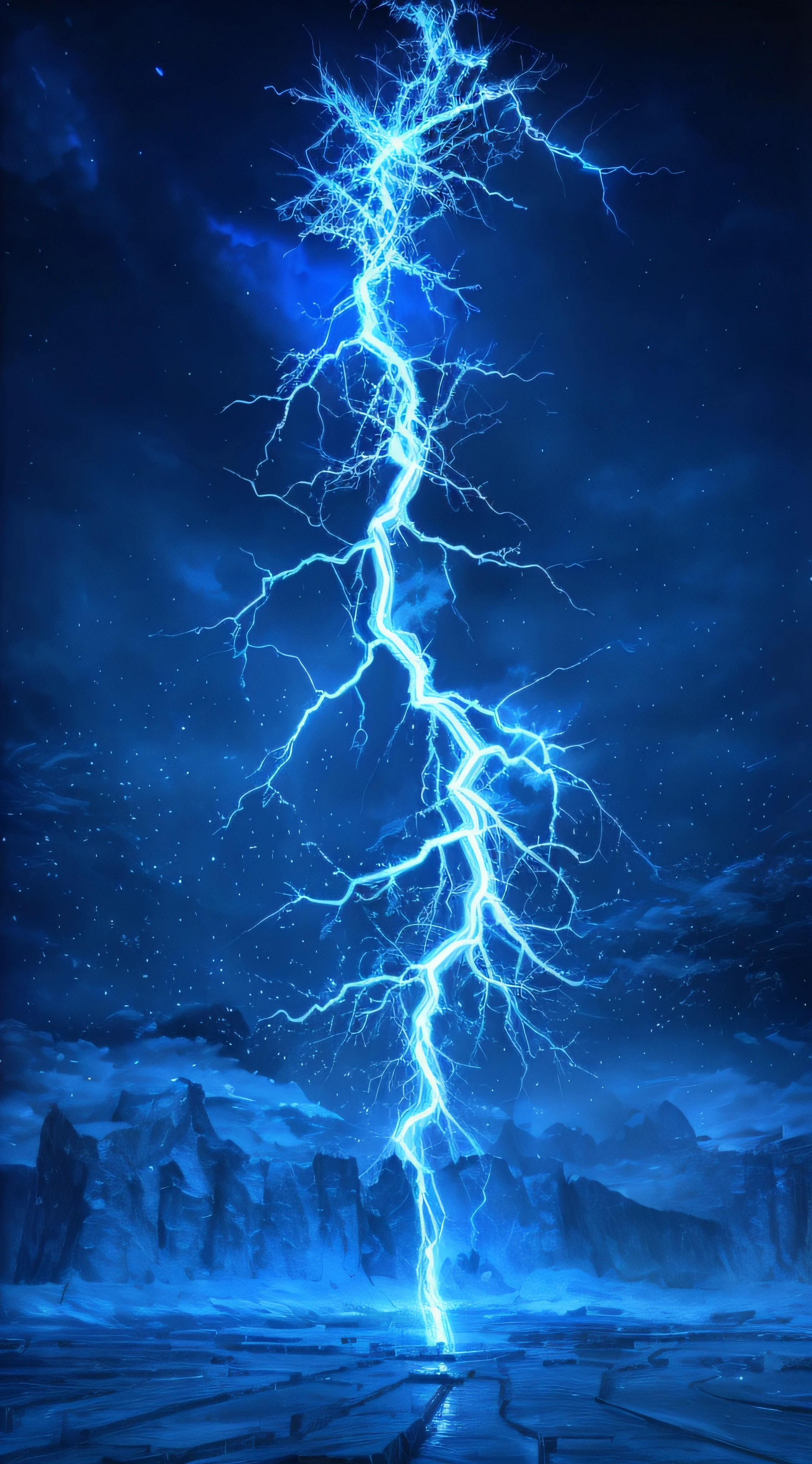 a close up of a lightning bolt in the sky over a body of water, amazing lightning art, crackling blue lightning, lightning fantasy magic, realistic lightning, detailed lighting and thunder, blue lightning, epic lightning, lightning background, lightning effects, volumetric lightning, one point lightning, blue lightnings, epic cold blue lighting, fork lightning