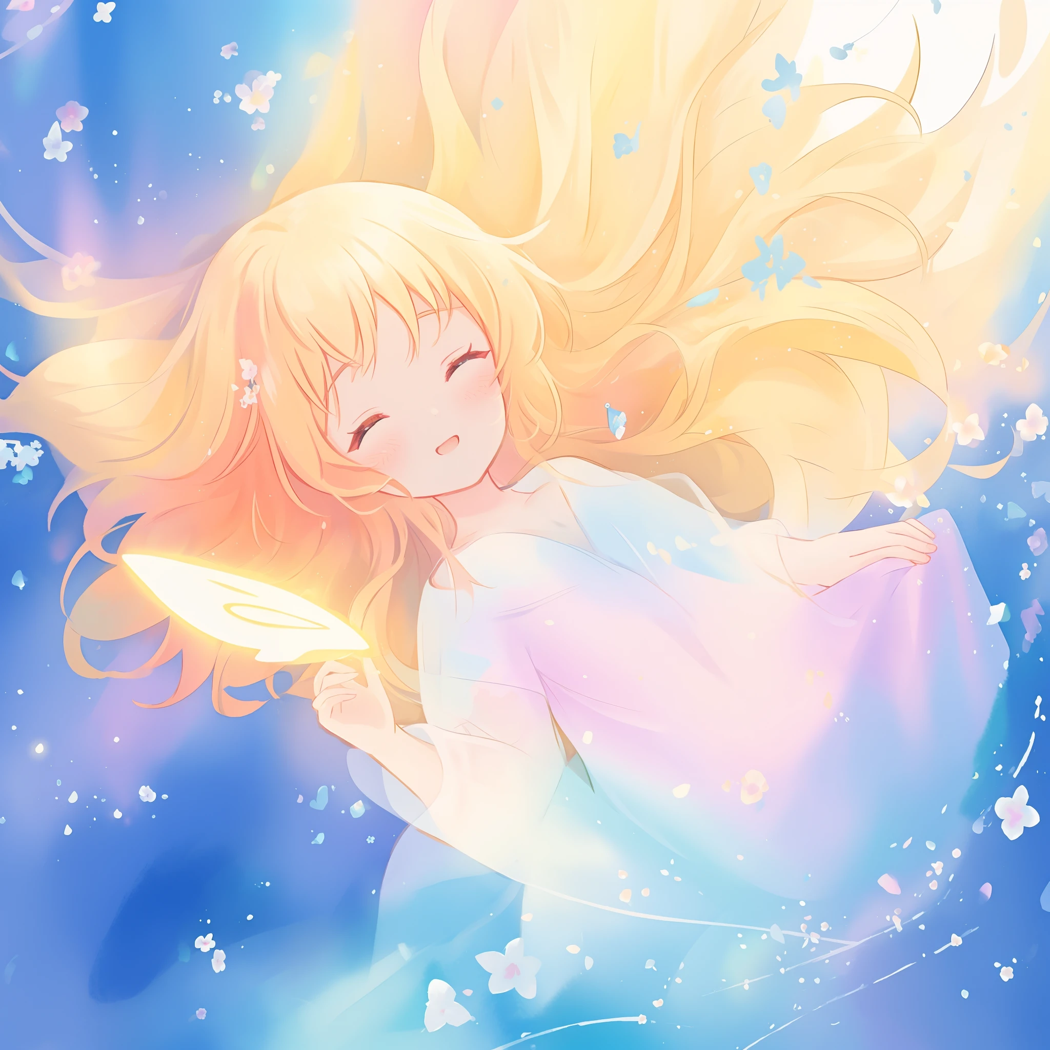 tmasterpiece,best qualtiy,cinematic Film still from,1girl,Cloud Girl,Float on flowers,closeup cleavage,brightly,cheerfulness,Warm and soft lighting,sunraise,(spark of light:0.7)