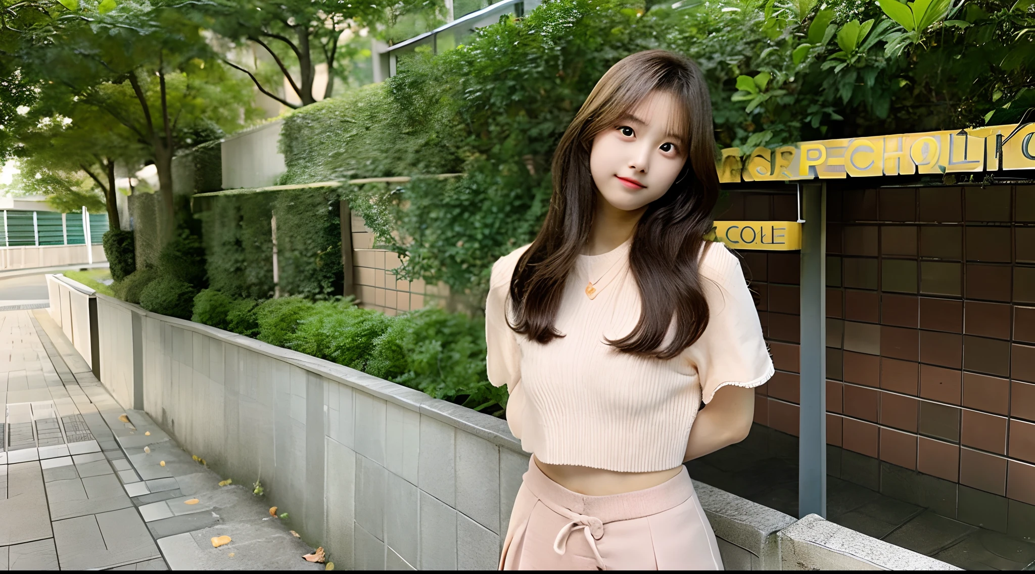 18-year-old female college student in a peach-colored miniskirt