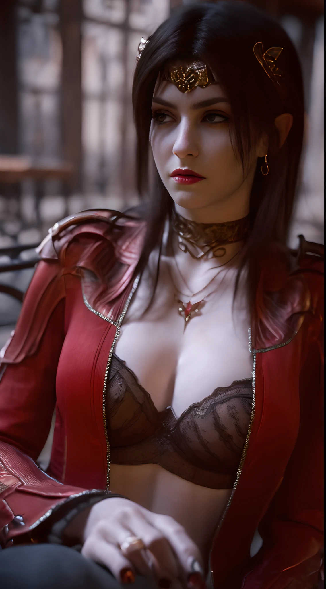 (masterpiece), best quality, high resolution, extremely detailed, detailed background, cinematic lighting, outdoor, 1girl, medium hair, dark hair, medium breasts, Red jacket with buttons attached,sitting