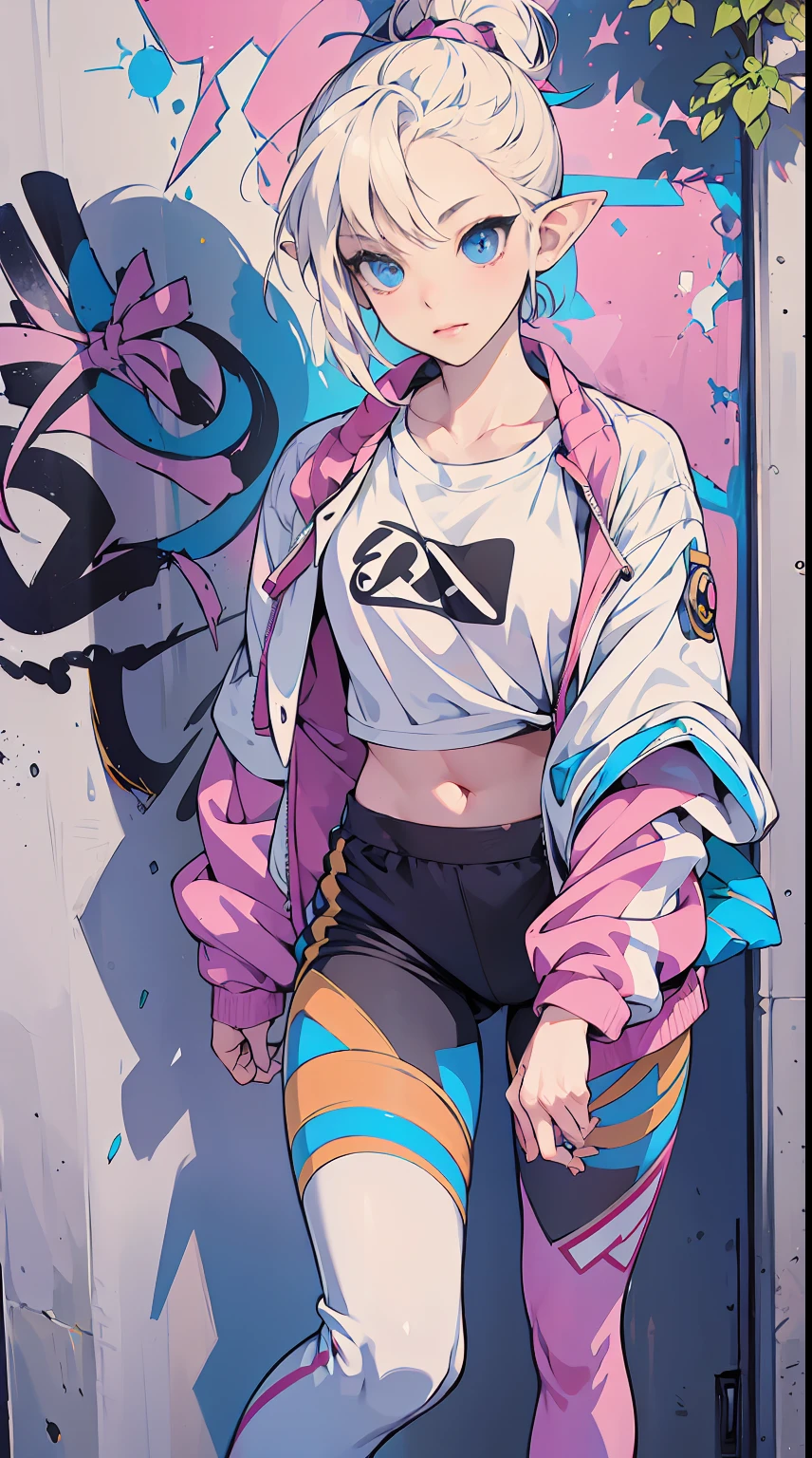 1elf girl, solo, (masterpiece), absurdres, high definition, paint splatters, graffiti, spray can, tight-fitting pants, athletic wear, jsrgum, street-style clothing, (pink and white inline skates), highly detailed face and eyes, white blonde short hair, ponytail. By Yusuke Murata.