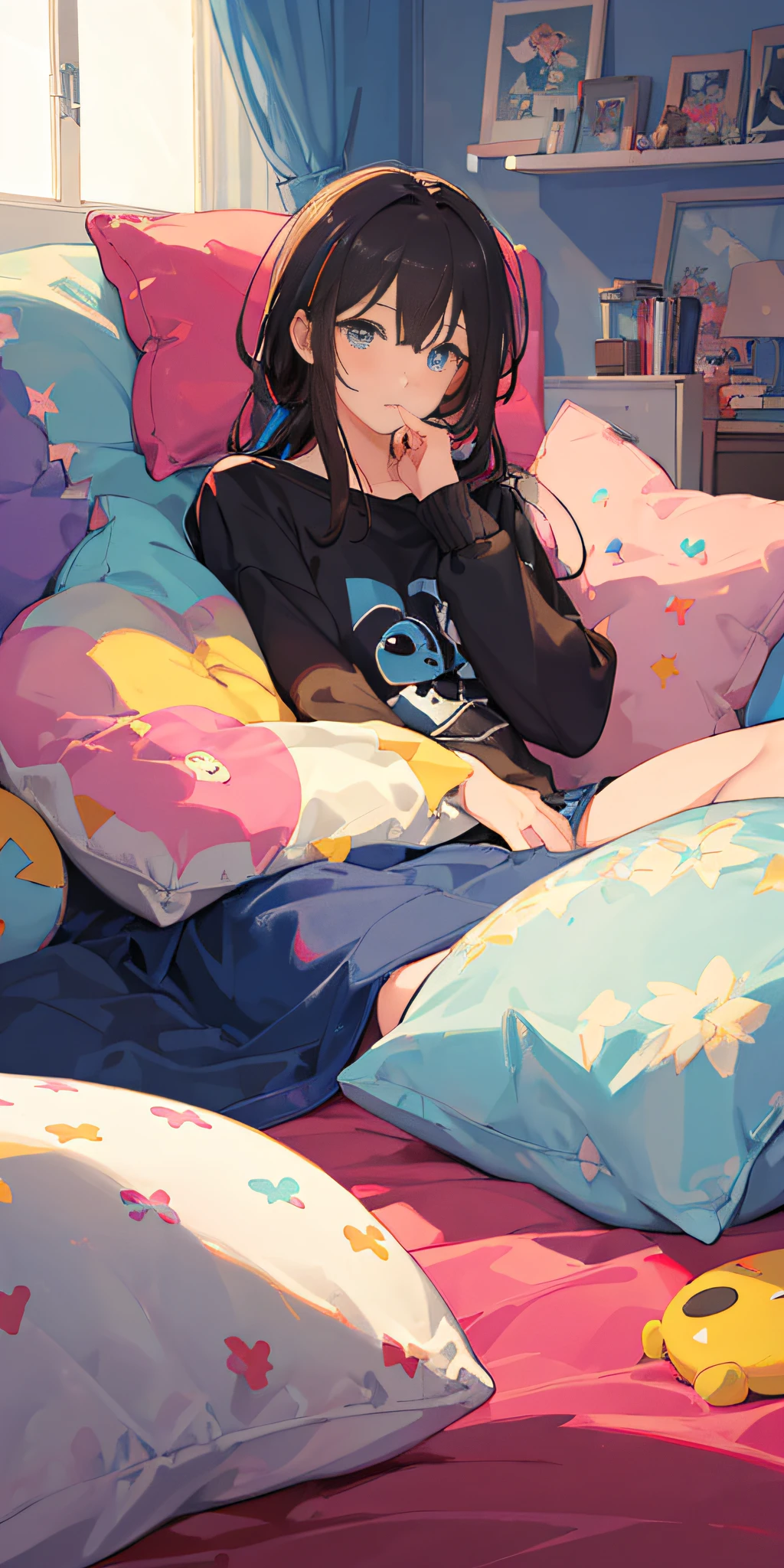 (child),(masterpiece,Top quality),sleeping in bed,Turquoise miniskirt with white plaid pattern,black hair,night,night景