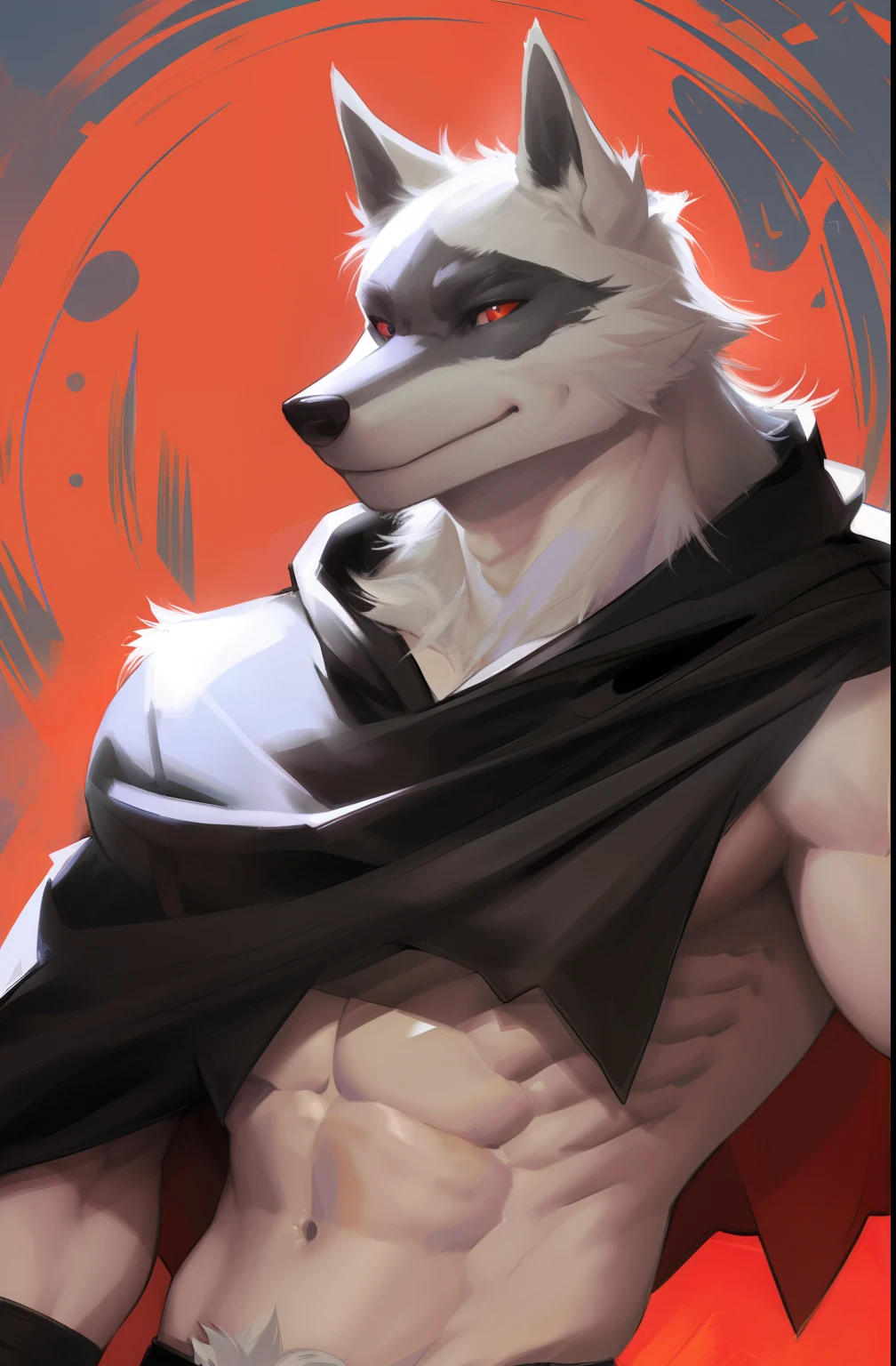 black cloak,Ruan Jia,Pino Daeni,darkgem,dimwitdog,muscular male wolf anthro, (detailed face), (detailed fluffy fur)