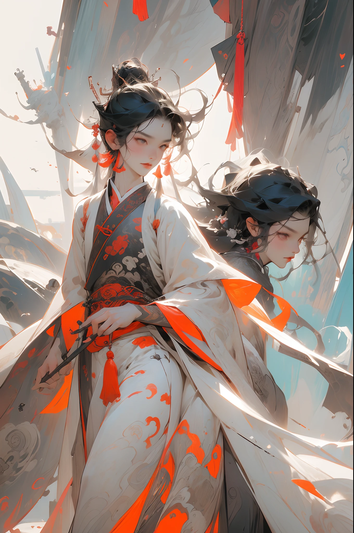 Alphads in straw hats sitting on boats, Cai Xukun, Hanfu, Chinese style, White Hanfu, Inspired by Bian Shoumin, inspired by Liu Jun, with acient chinese clothes, inspired by Huang Gongwang, inspired by Gu An, inspired by Chen Daofu, Inspired by Xiao Yuncong, inspired by Wu Bin