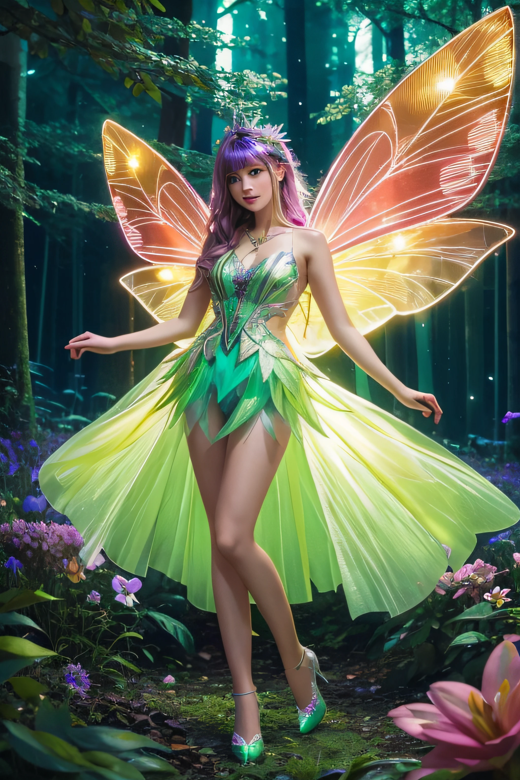 fotorealistic full body shot closeup of a magical fairy in a futuristic neon colours midnigh forest with every flower imaginable, clean sharp, person photography Expansive landscapes