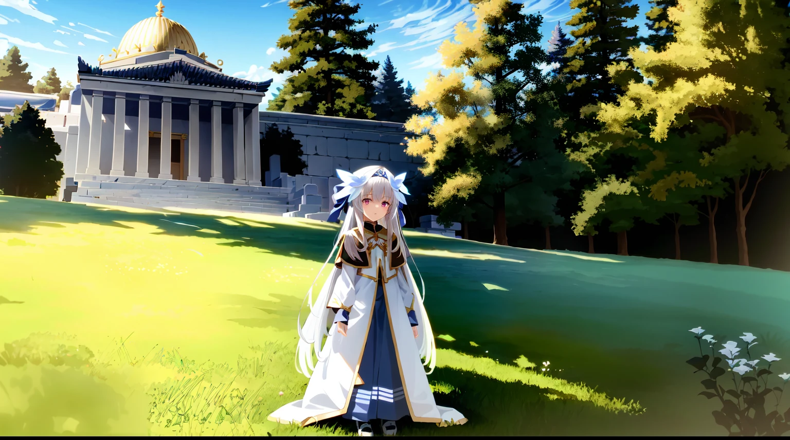 Cute very *********** Illyasviel from fate has long silvery-white hair,pink eyes,wearing saint cloth and very long skirt,athens temple red roses field in background,very ***********,****,kawaii,anime style,Lumen Reflections,Screen Space Reflections,Diffraction Grading,Chromatic Aberration,GB Displacement,Scan Lines,Ray Traced,Anti-Aliasing,FXAA,TXAA,RTX,SSAO,Shaders,OpenGL-Shaders, GLSL-Shaders,Post Processing,Post-Production,cell Shading,Tone Mapping,CGI,VFX,SFX,insanely detailed and intricate,4K,((masterpiece:1.4, best quality))