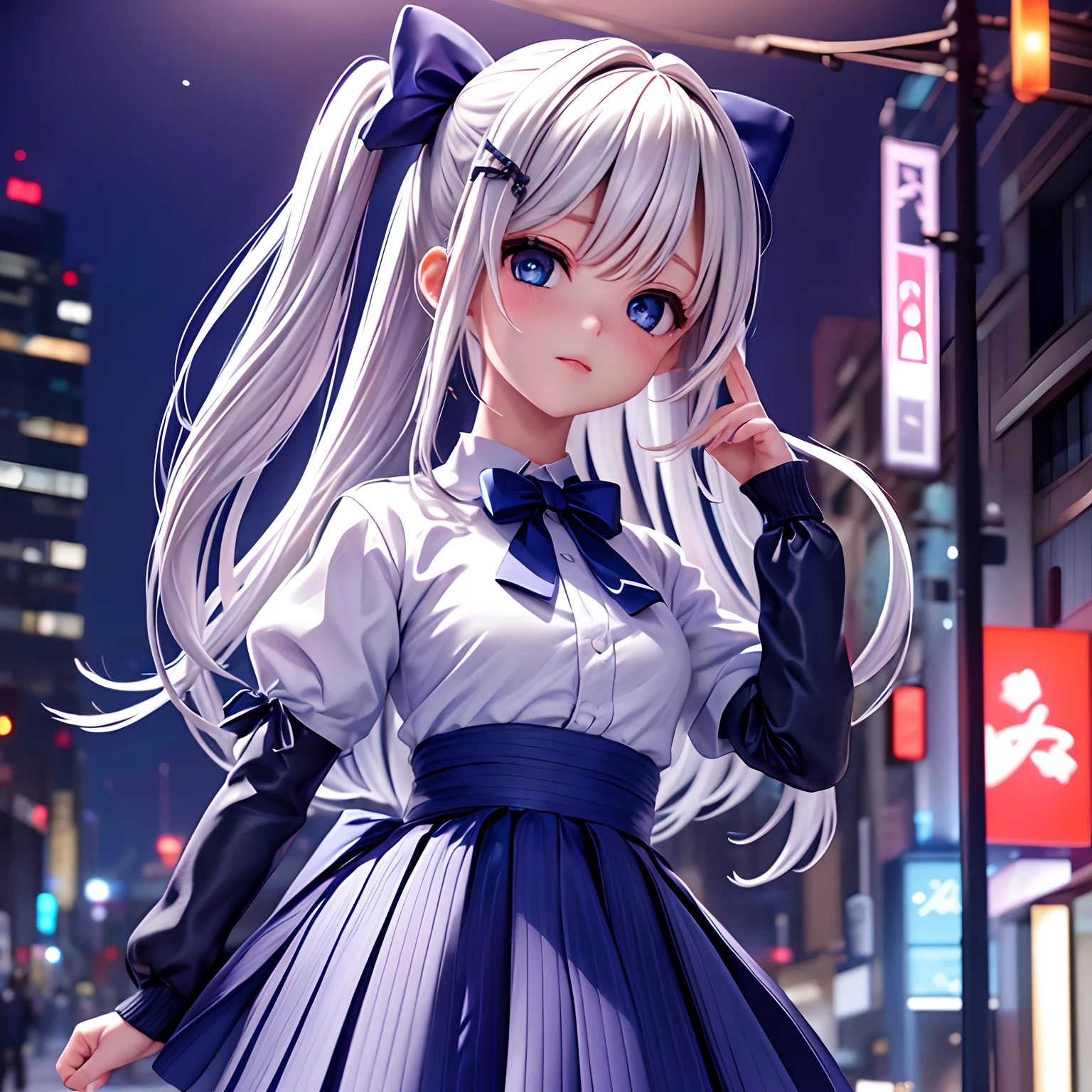 (8K, RAW photo, Masterpiece:1.3), (Realistic, photo-realistic:1.37), (Night), (view the viewer:1.331), (White hair), posing on a, Tokyo Street, nightcityscape, Cyberpunk city, Soft light, 1girll, Extremely beautiful face, Bust, putdownhands, Random hairstyle, Random expression, Big eyes, lower abdom, (Short-sleeved .JK_shirt), JK_Style, (Dark blue jk_Skirt), (Bow jk_tie), mix4., Best quality