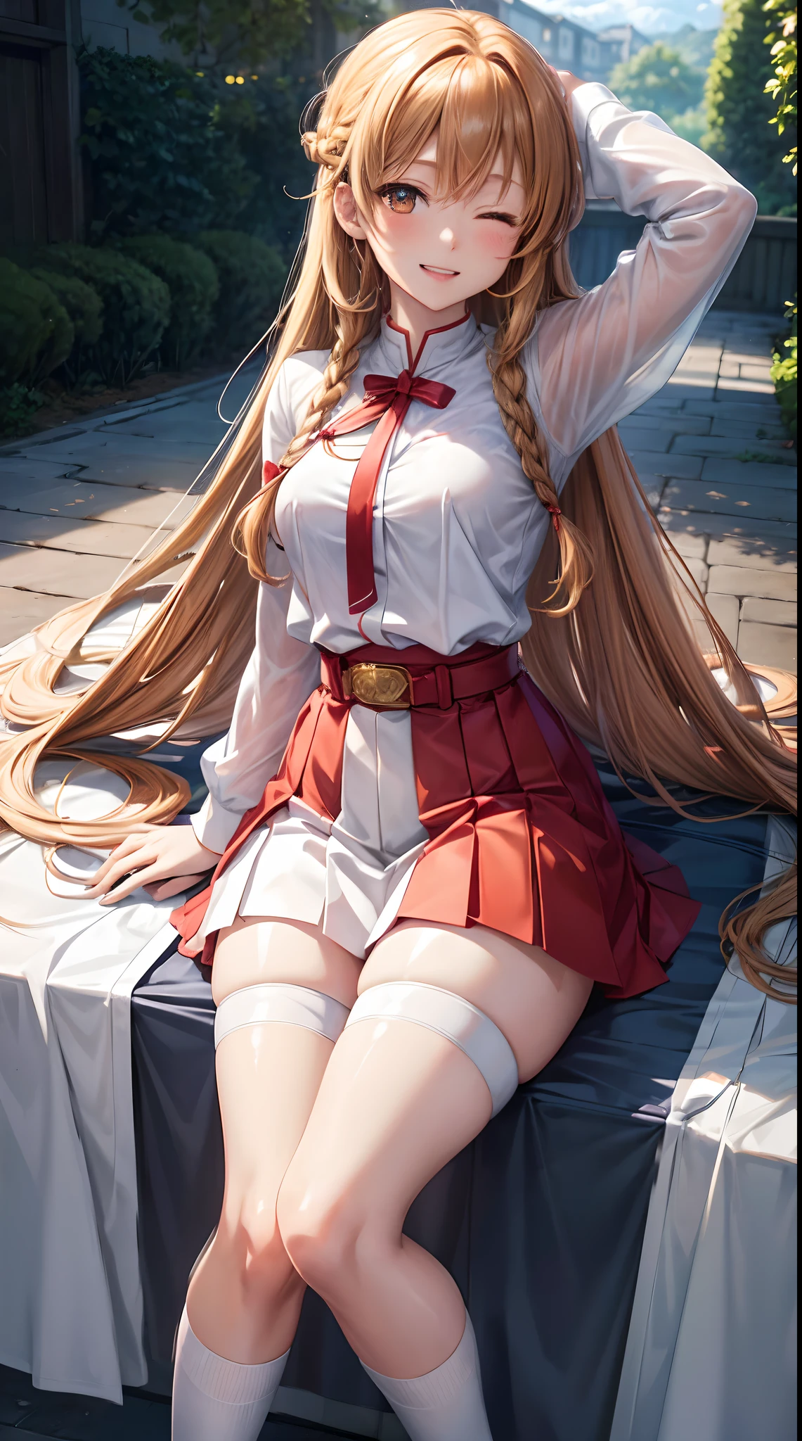 Asuna Yuki(Sword Art Online),master-piece,beste-Qualit,professional artwork,Cute Girl,Long golden brown hair,braid,Brown eyes,detailed eyes,One Eye Closed,Erotic facial expressions,bare breasts,Beautiful breast,White shirt with red stripes,One hand over the chest.,Small waist,Red and white skirt,pleated skirts,Beautiful thighs,elongated legs,White socks with red belt,garters,Perfect body,lifelike,oily shiny skin,smirk,opened mouth,stand,Saw lawn thighs,cloudy,4K Picture Quality