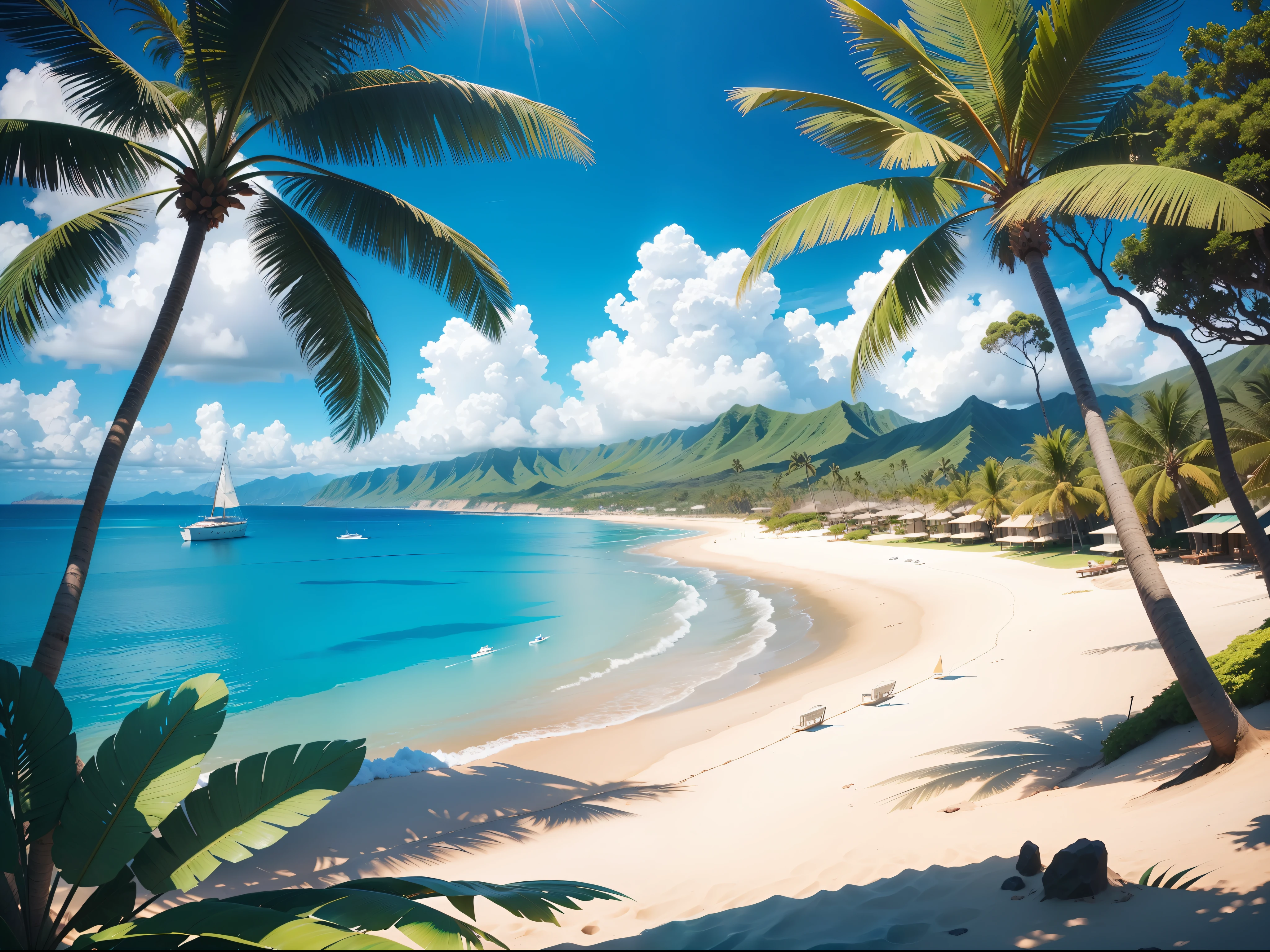 "Hawaiian beach lagoon, palm trees swaying in the breeze, sailboat floating on the horizon, crystal clear blue-green water reflecting the sunlight, gorgeous blue sky above" realistic 8k cinematic.