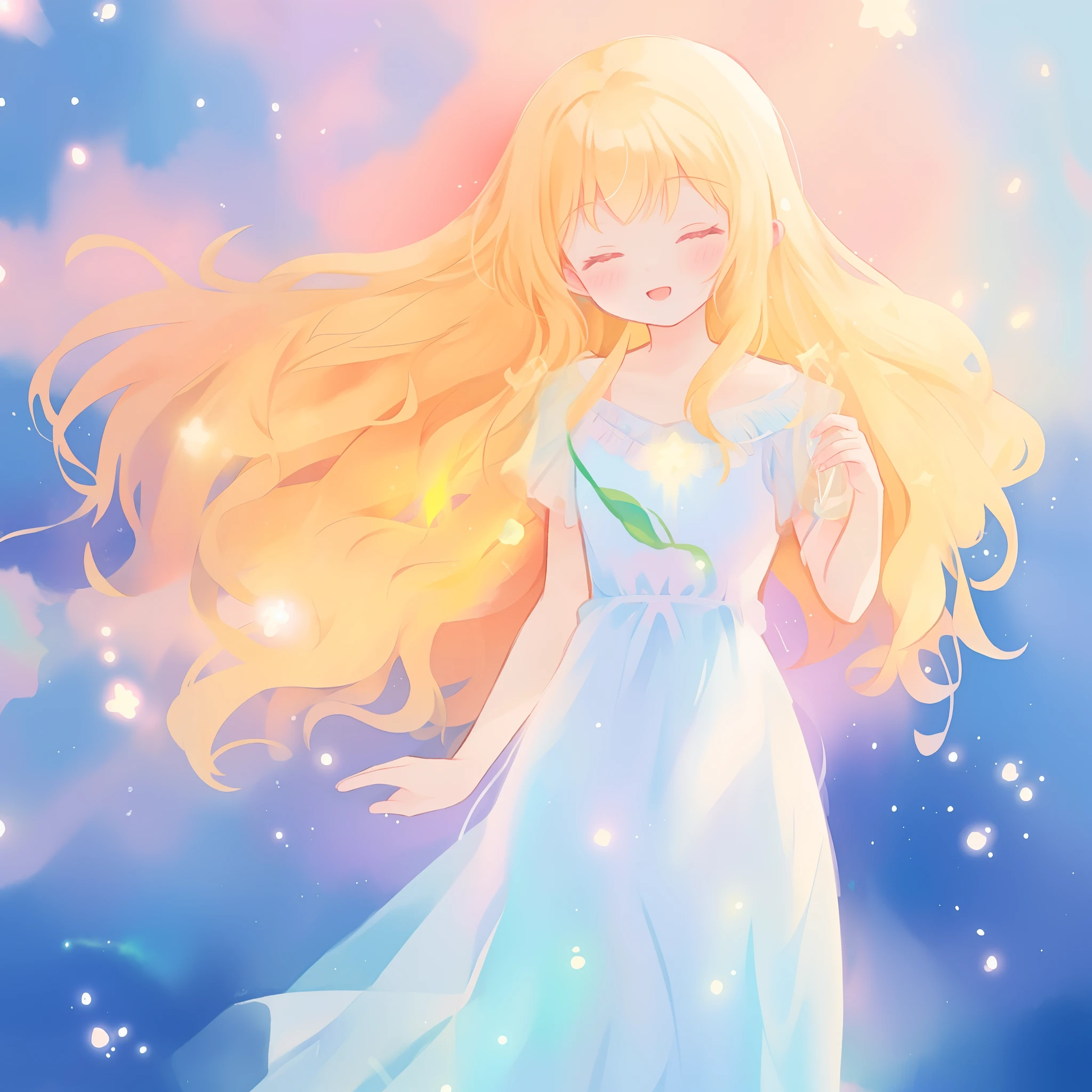 beautiful girl in flowing multi-layered dress, fairy dress, long golden hair, watercolor illustration, inspired by Glen Keane, inspired by Lois van Baarle, disney art style, by Lois van Baarle, glowing aura around her, by Glen Keane, jen bartel, glowing lights! digital painting, flowing glowing hair, glowing flowing hair, beautiful digital illustration, fantasia otherworldly landscape plants flowers, beautiful, masterpiece, best quality, anime disney style