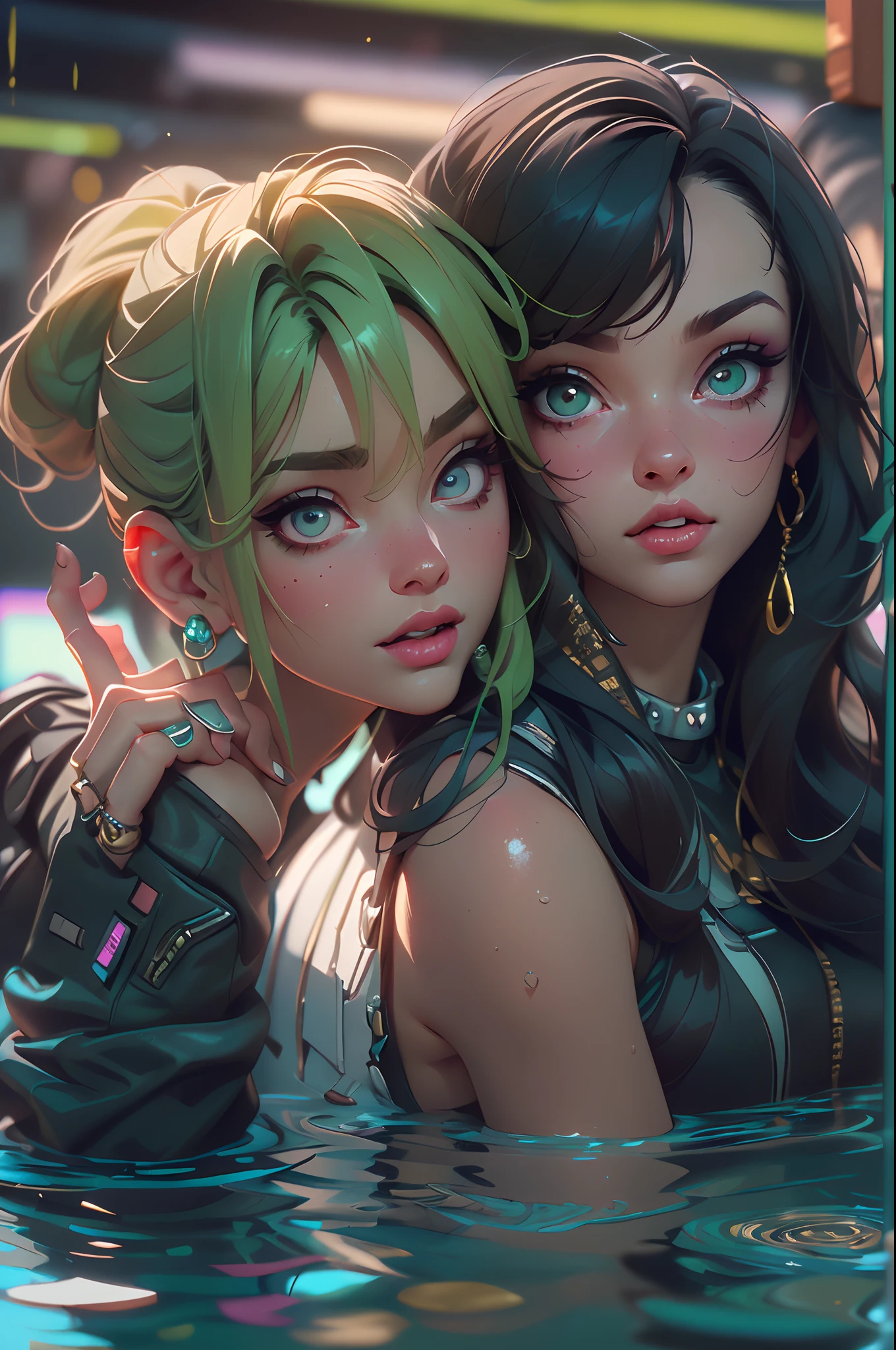 2 women hugging each other, Cover your crotch with your hands, (A woman has green eyes, White skin, Long black hair, pony tails, choker necklace, Small breasts, lipstick, Makeup, eyes liner), (The other woman is a brown-eyed blonde), Wear a sexy outfit in neon colors, On the pool, (Cyberpunk theme), (Masterpiece, Best quality, 8K, Sharp focus, Depth of field, Best shadows, perfect lights, hdr, Realistic skin texture, Ultra-detailed and detailed background),