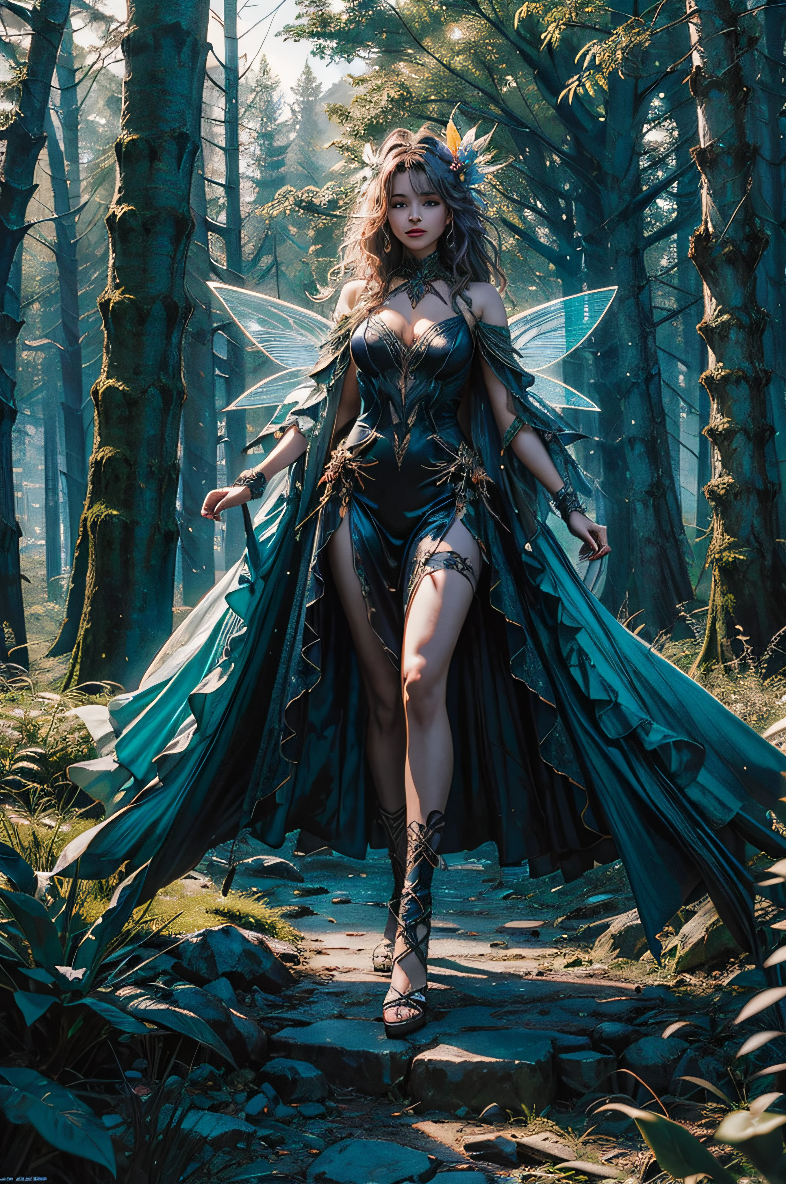 fotorealistic full body shot closeup of a magical fairy in a futuristic neon colours midnigh forest with every flower imaginable, clean sharp, person photography Expansive landscapes