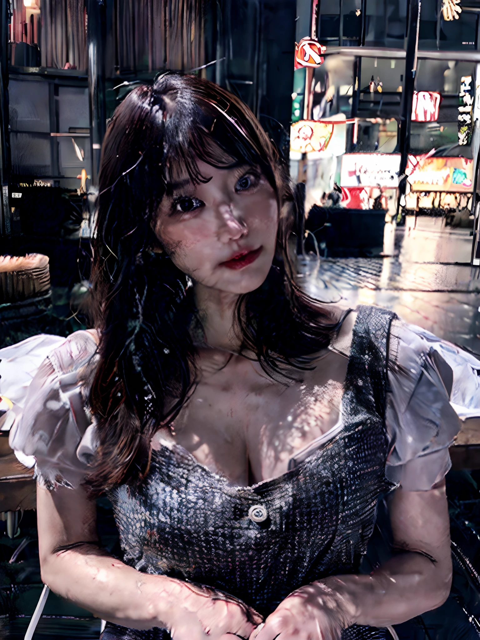 (((Photo quality)))、((Highest Resolution))、(Realistic depiction)、The scene is in a dark bar、Western dress、Her pink nipples are visible through her white underwear, which is so transparent that you can see her bare skin.、Black pubic hair visible through white panties、Chubby、Obese、Big Breasts、Front full body style、short hair、Big Ass、The woman is facing forward with her legs open to the left and right.、