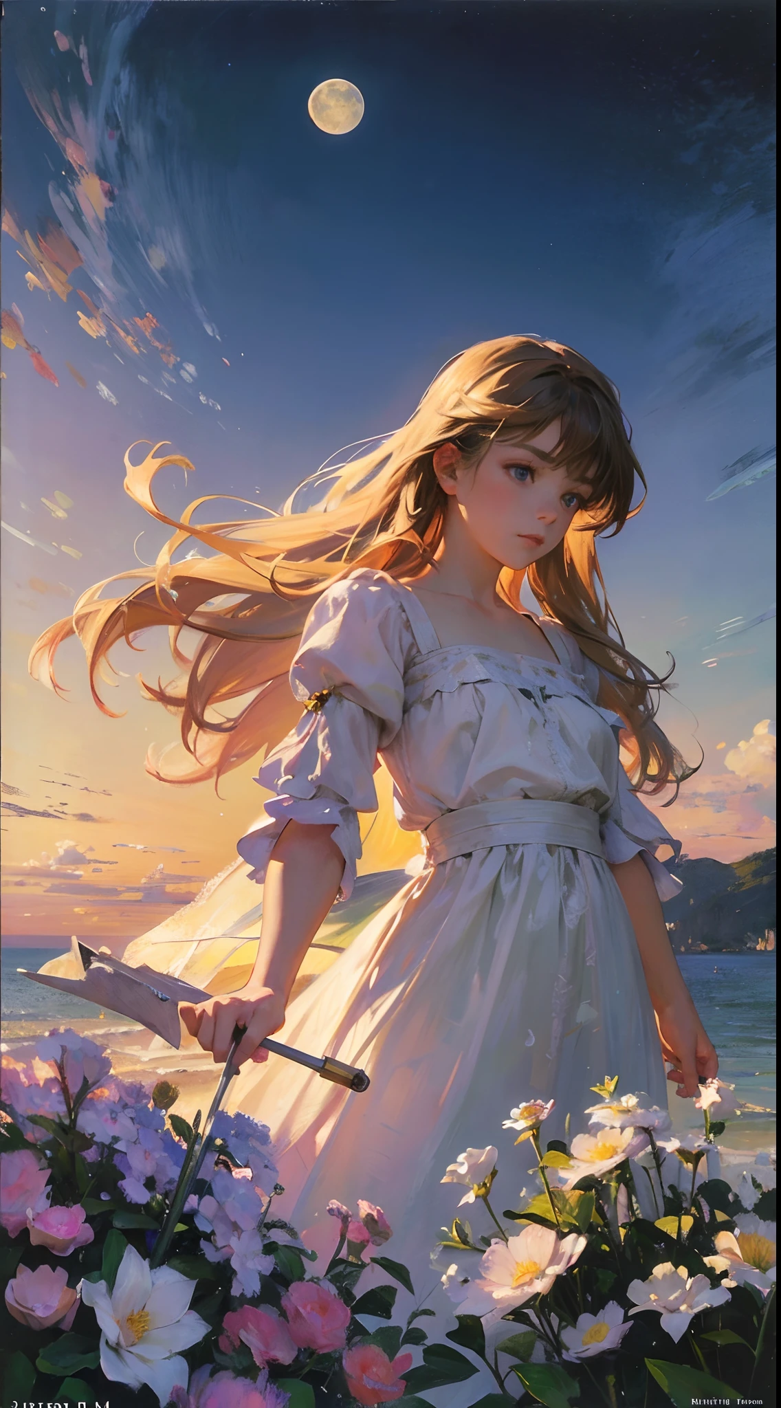 （32k ULTRAHD, Best quality, Masterpiece, ），Castle, Flowers, delicate scene, sky, White clouds, and sunlight shine on the snow-white beach. Birds, Pink flowers and bright large shells, diamond crystal, On the beach, fantasy, Night sky, Moon, Smoke, Fire, Photo, HD, 8K, hyper HD, Super detail, High quality, 1080p，Super detail, High details，Correct ???????，Ultra photo realsisim, epic realistic, Faded, ((com cores neutras)), (hdr:1.5), (pastel colour:1.2), ultra - detailed, (Art Station:1.5), Cinematic, warm lights, Light effect, Dramaticlight, (Intricate details:1.1), the complex background, Rich gradients, Extreme colors, extreme hight detail, Clear light perception, Break，(Monet, Impresionismo, Oil painting), A01,,